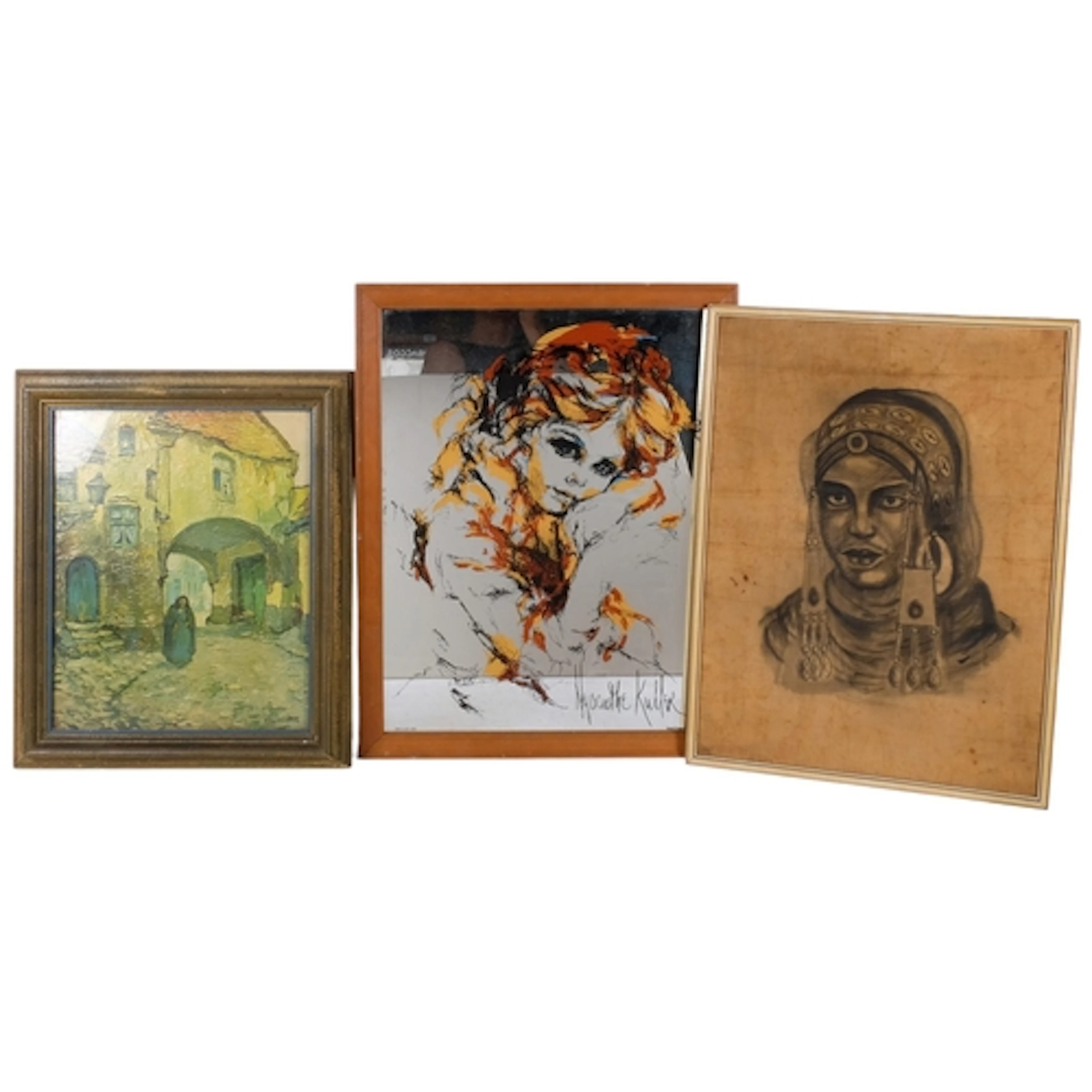 3 various artworks, including a mirror with female portrait ...