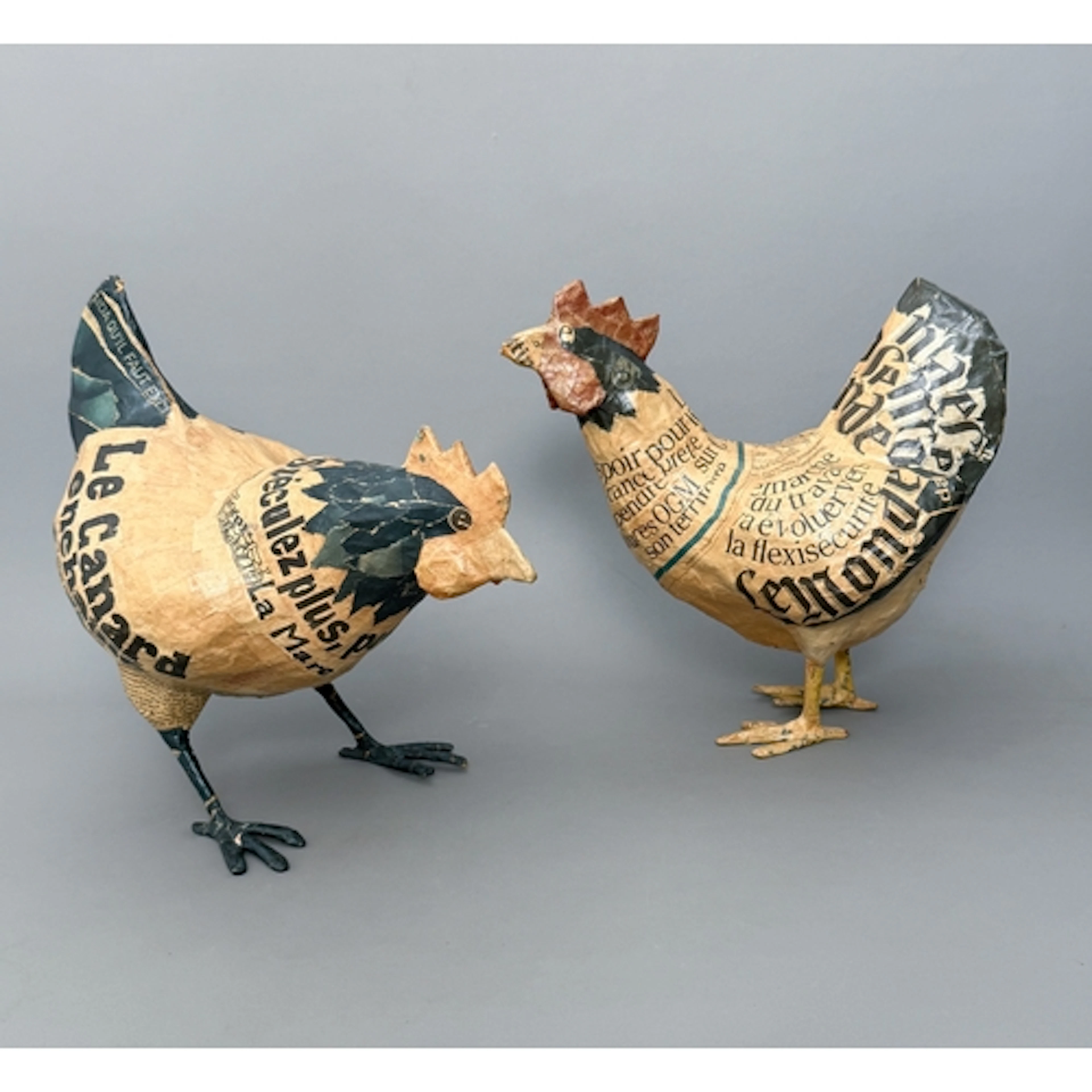 Two French contemporary papier mache chicken sculptures - ha...