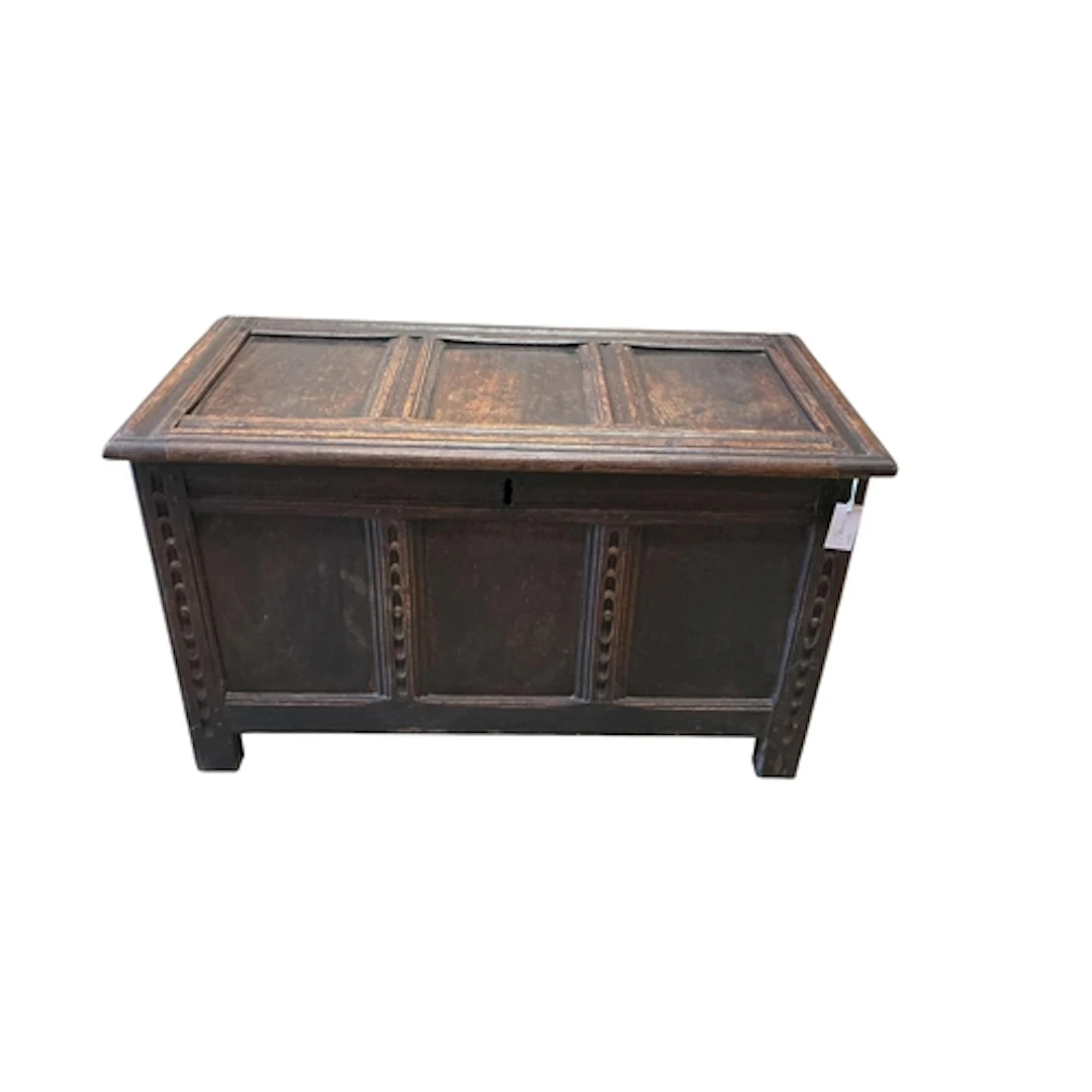 A late 17th century panelled oak coffer, width 102cm, depth ...