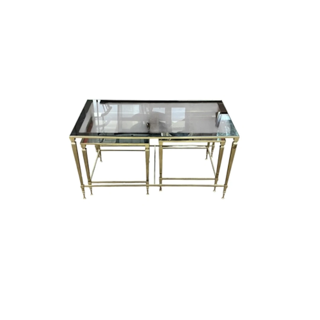 A Maison Jenson style nest of brass and glass tables, width ...