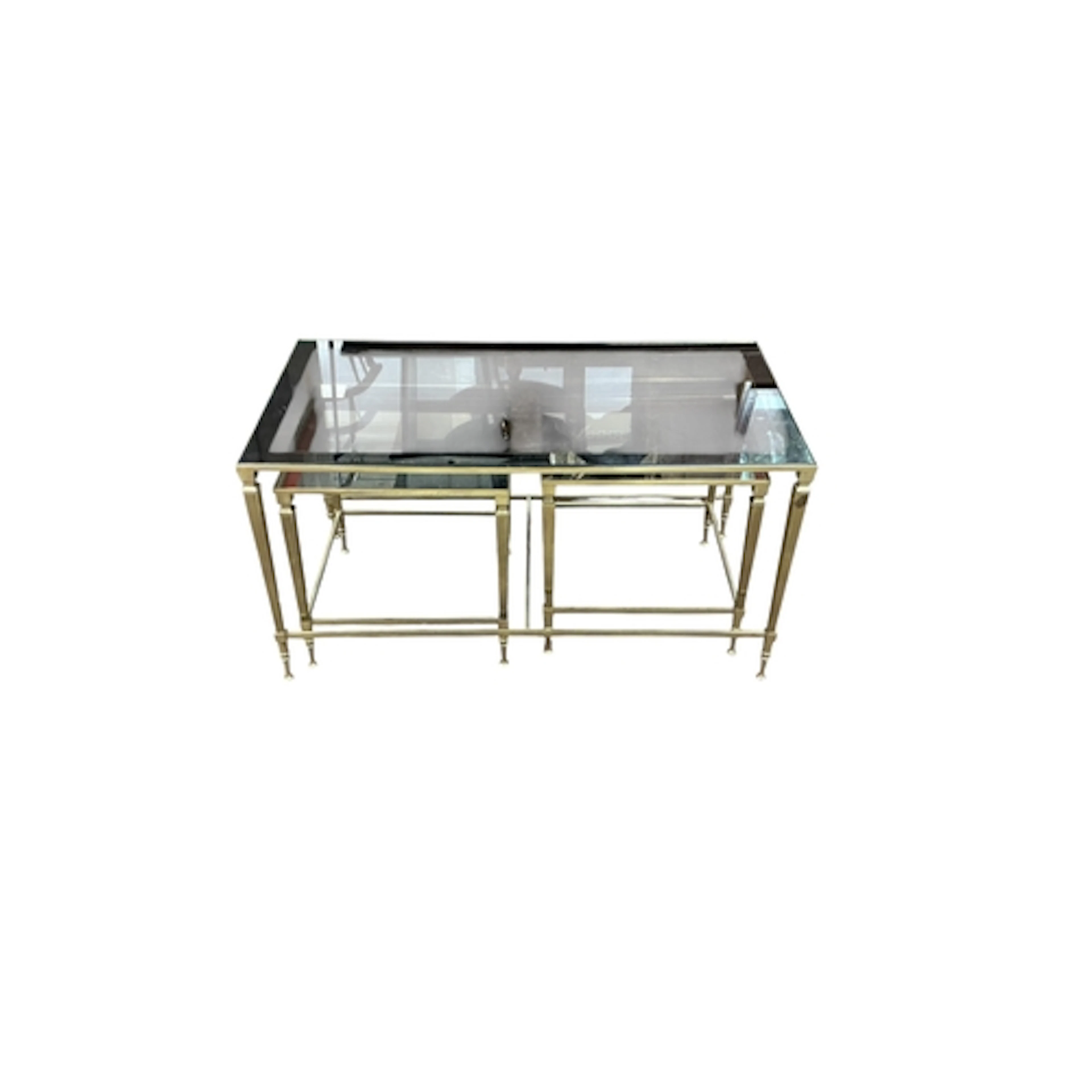 A Maison Jenson style nest of brass and glass tables, width ...