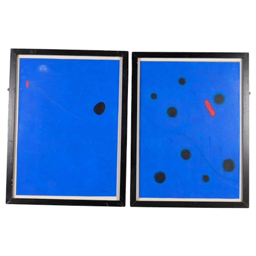 Style of Joan Miro, pair of modern abstract compositions, go...