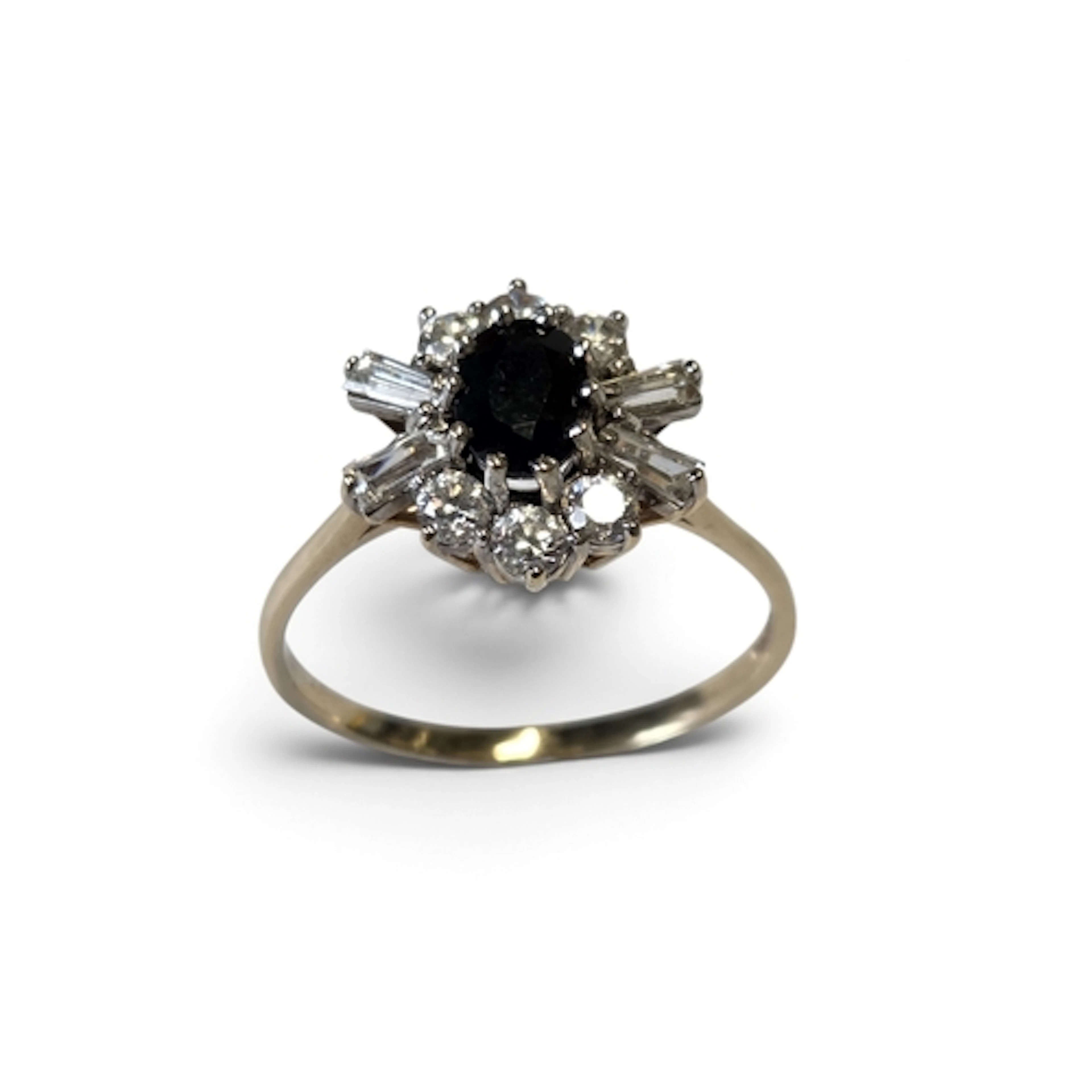 A 9ct Gold, Diamond and Sapphire cluster Ring with good colo...