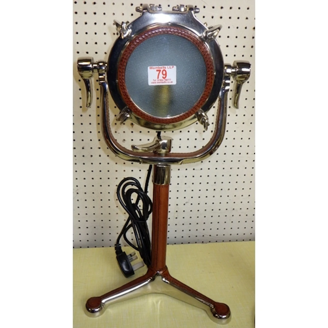 A chrome & leather table lamp, 46cm tall