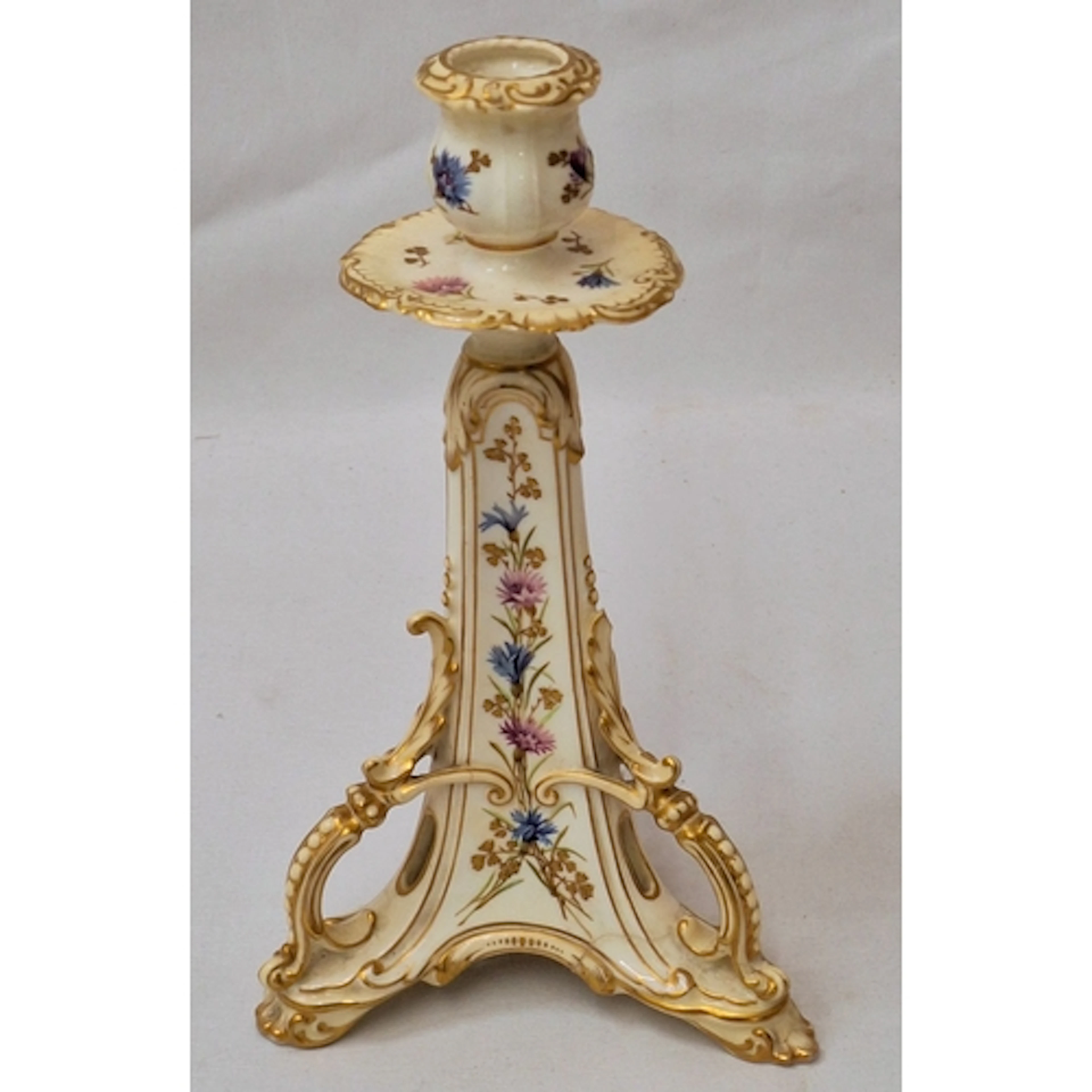 Antique Moore Brothers Single Candlestick, cream ground with...