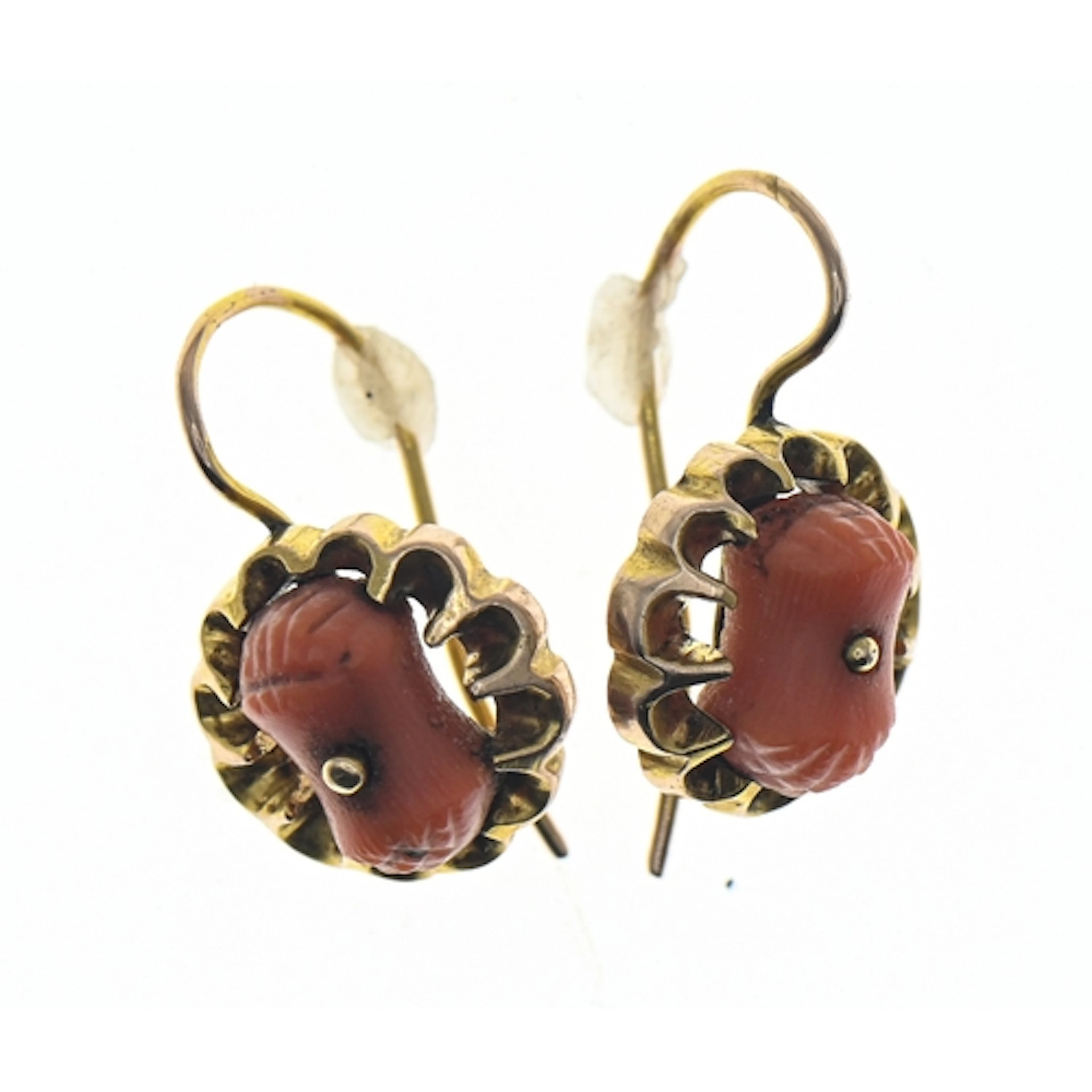 Pair of yellow metal and coral hook earrings, length from to...