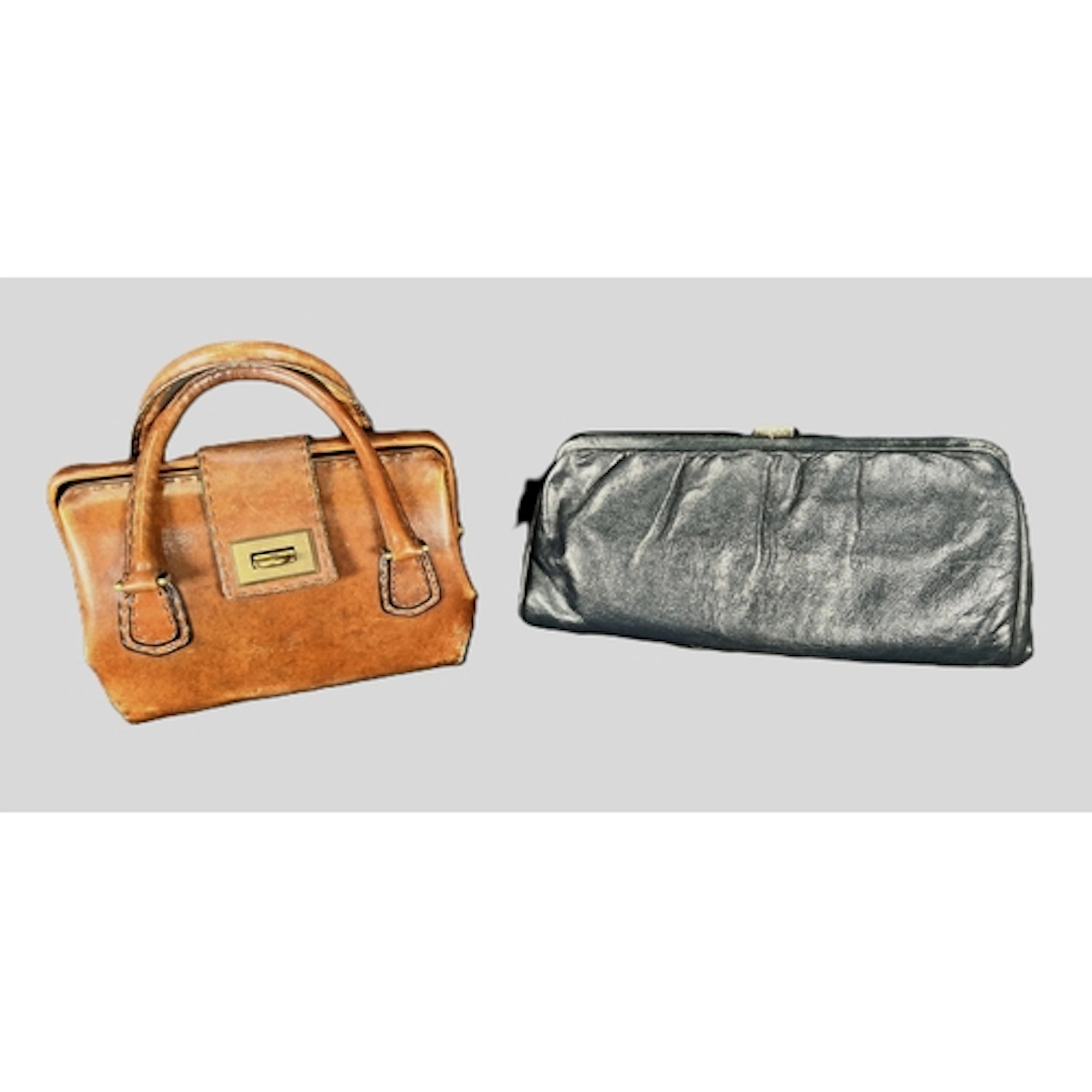A Suzy Smith dark navy clutch bag and a tan leather double h...