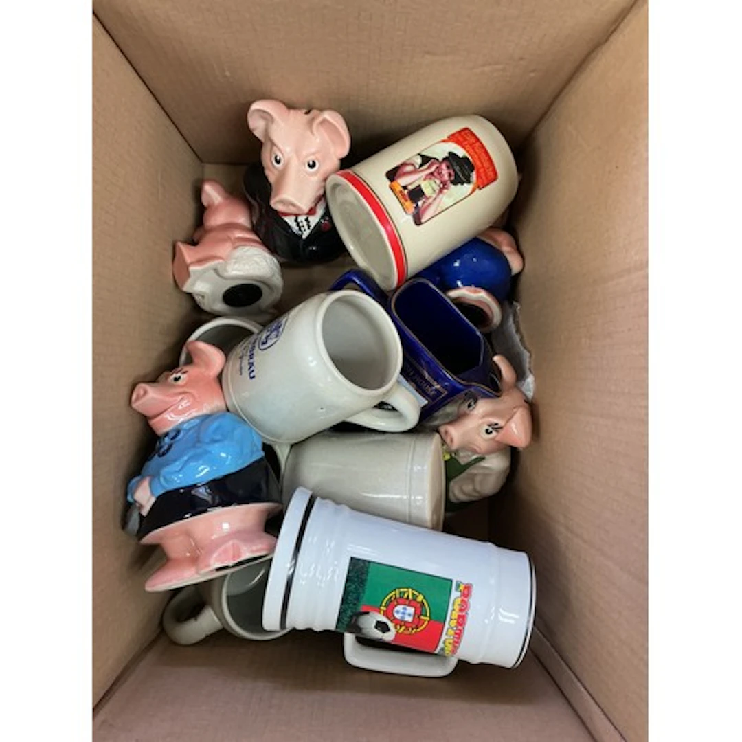 A box of china including Wade NatWest pigs, breweriana tanka...