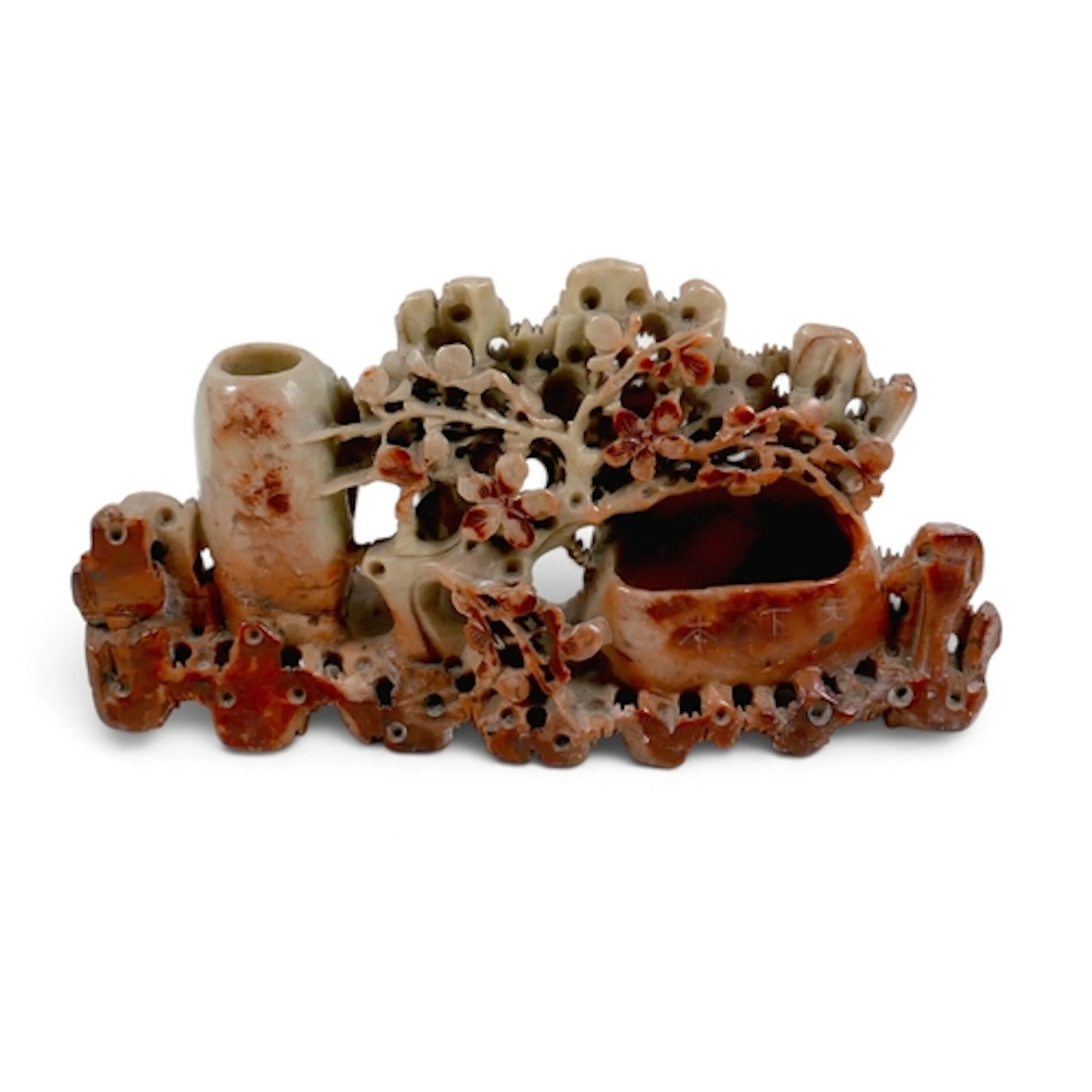 A CHINESE CARVED SOAPSTONE SCHOLAR'S BRUSH POT. early 20th c...