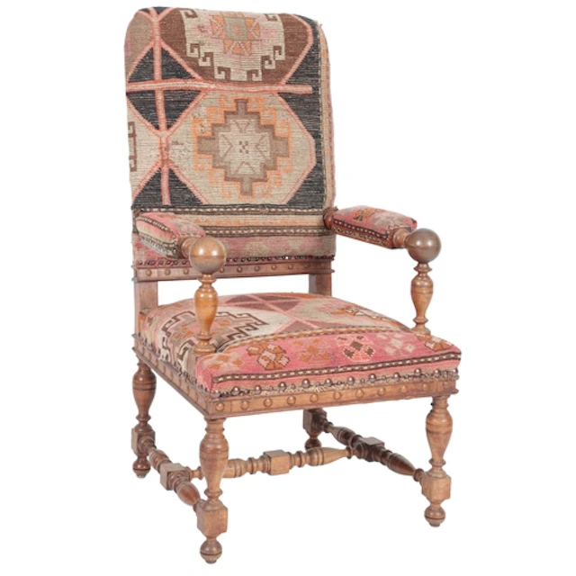 A Victorian Kilim upholstered armchair, the backrest, arms a...