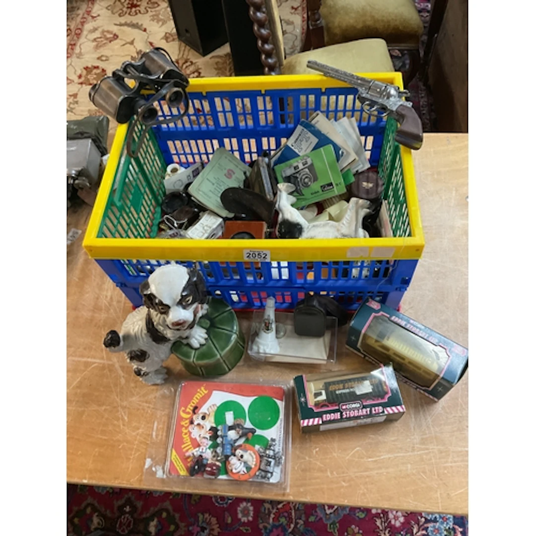 Box of odds to inc ceramics, diecast, crested ware, binocula...
