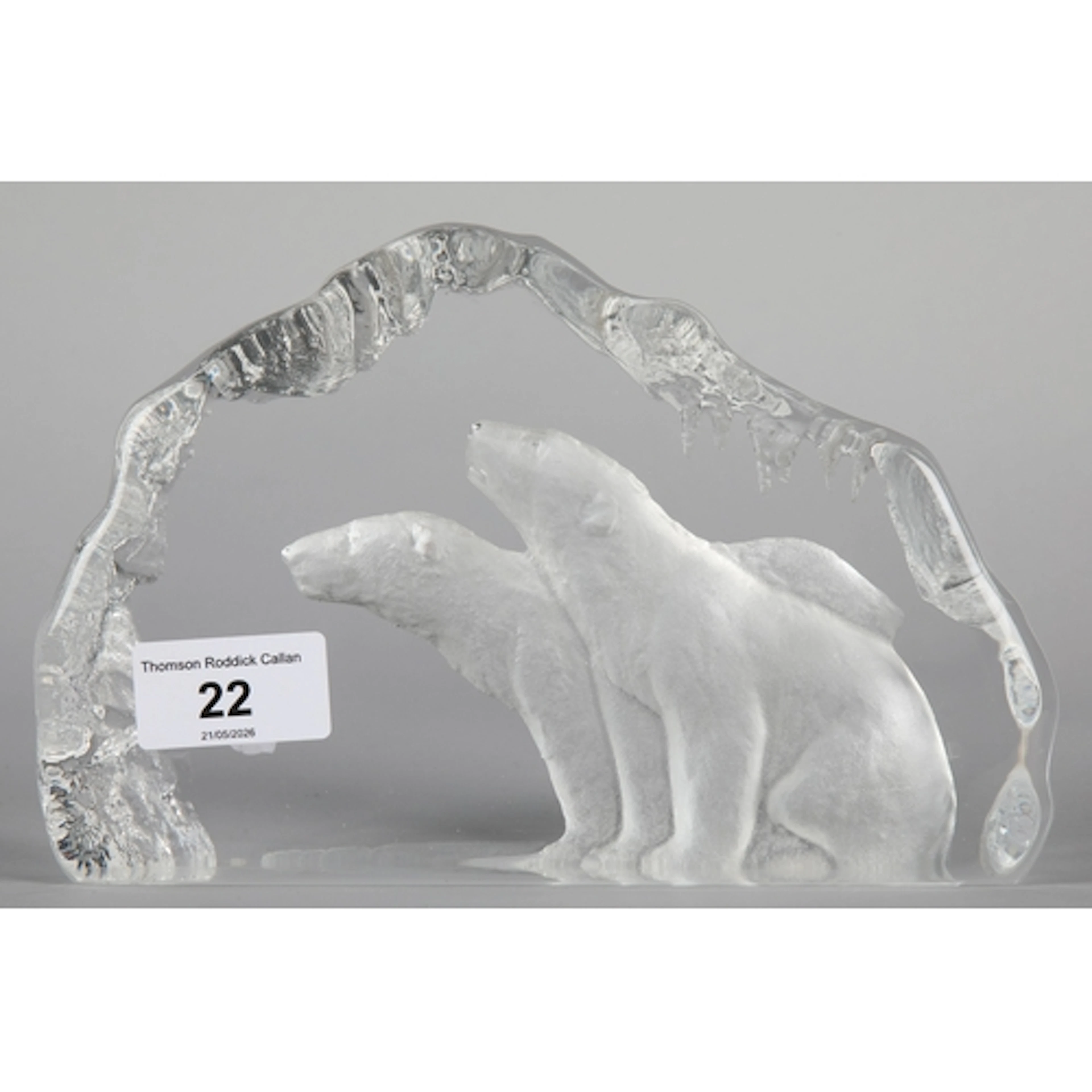 Glass polar bear paper weight sculpture, signed M. Yongsson,...