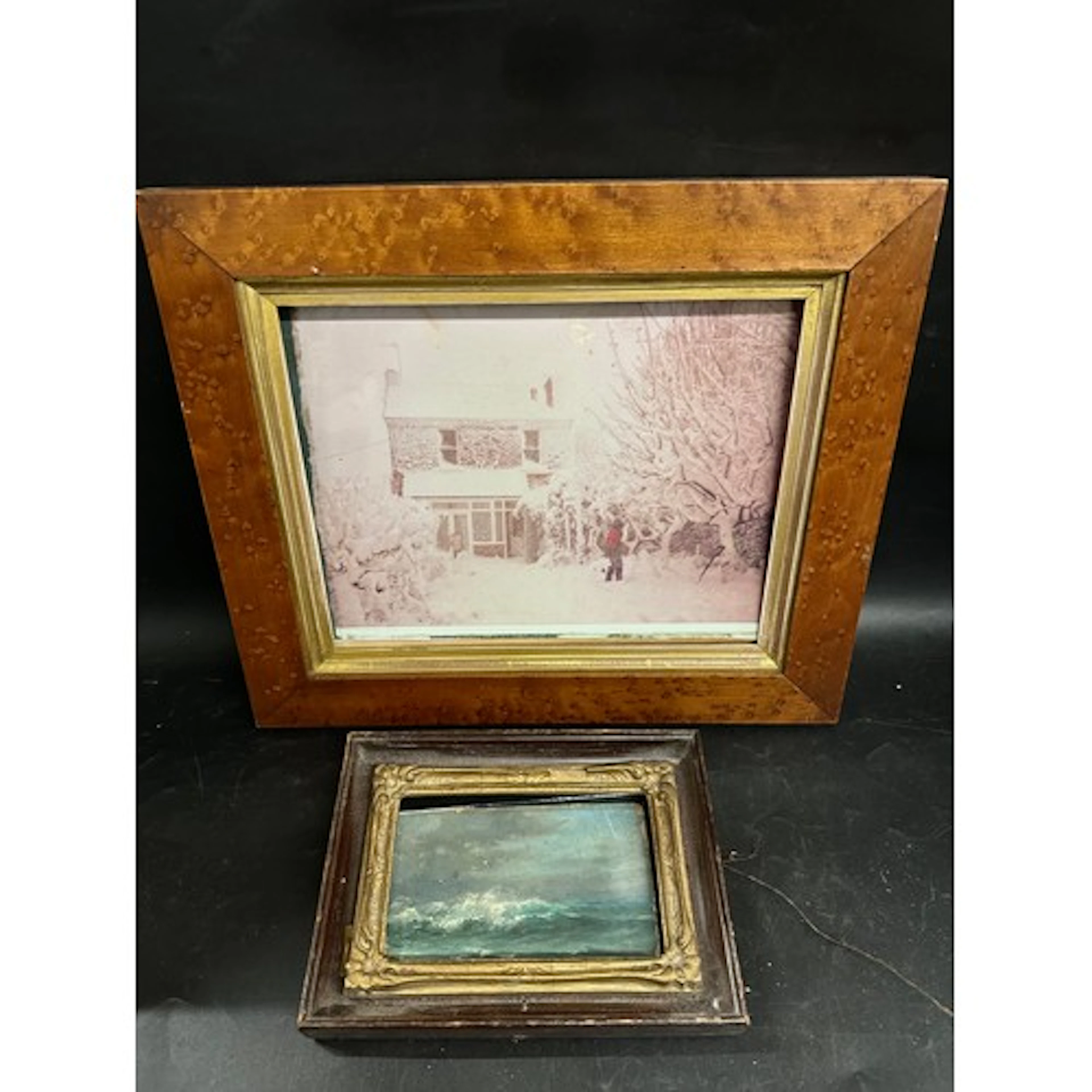 A small oil painting on card and a picture frame, frame 29cm...