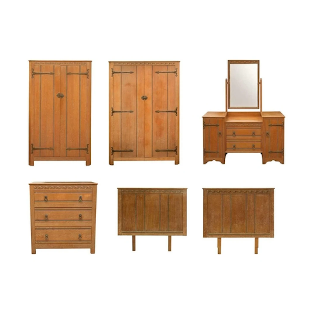 A limed oak six piece bedroom suite. 1930s, with distinctive...