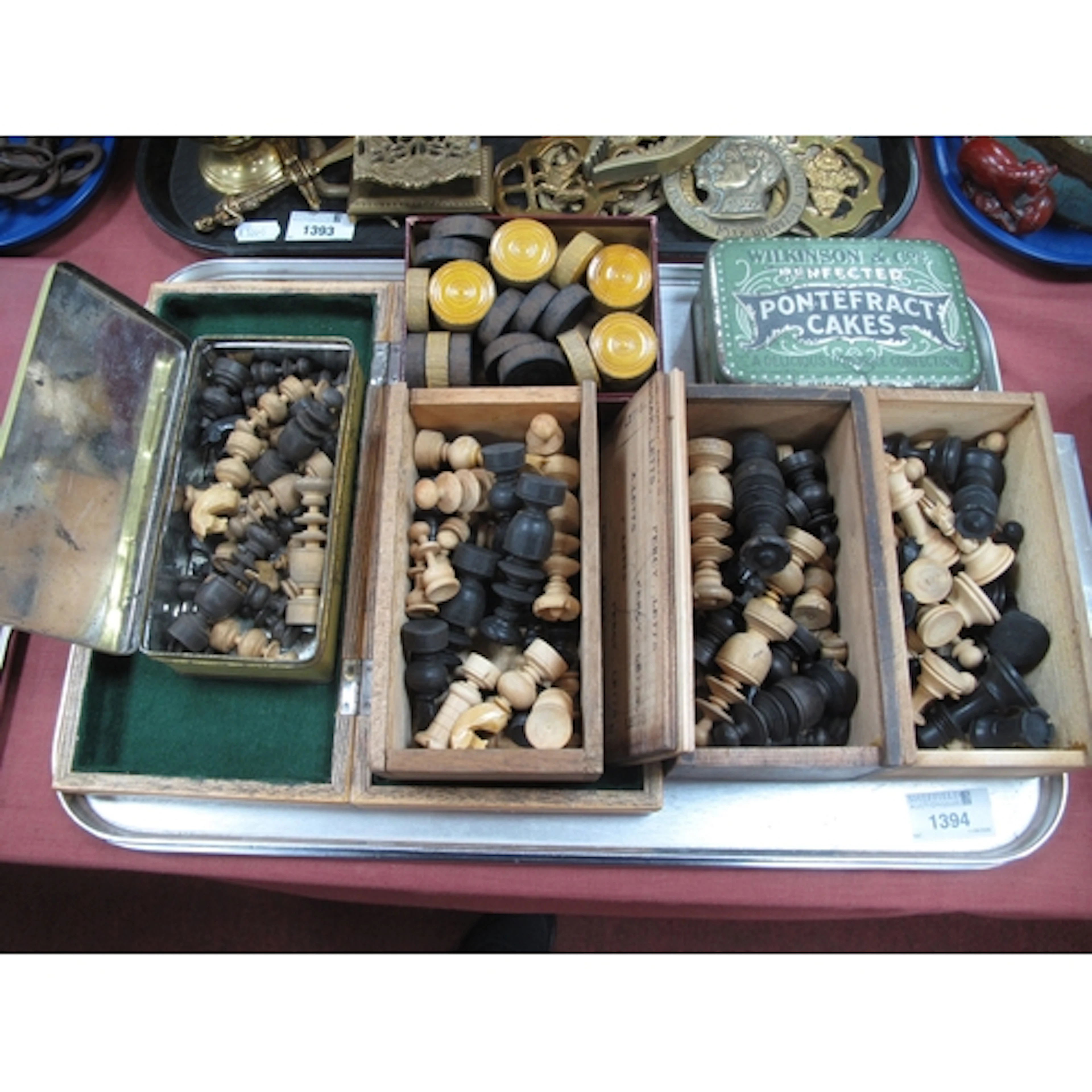 Turned Wooden Chess Pieces and Draughts:- One Tray.