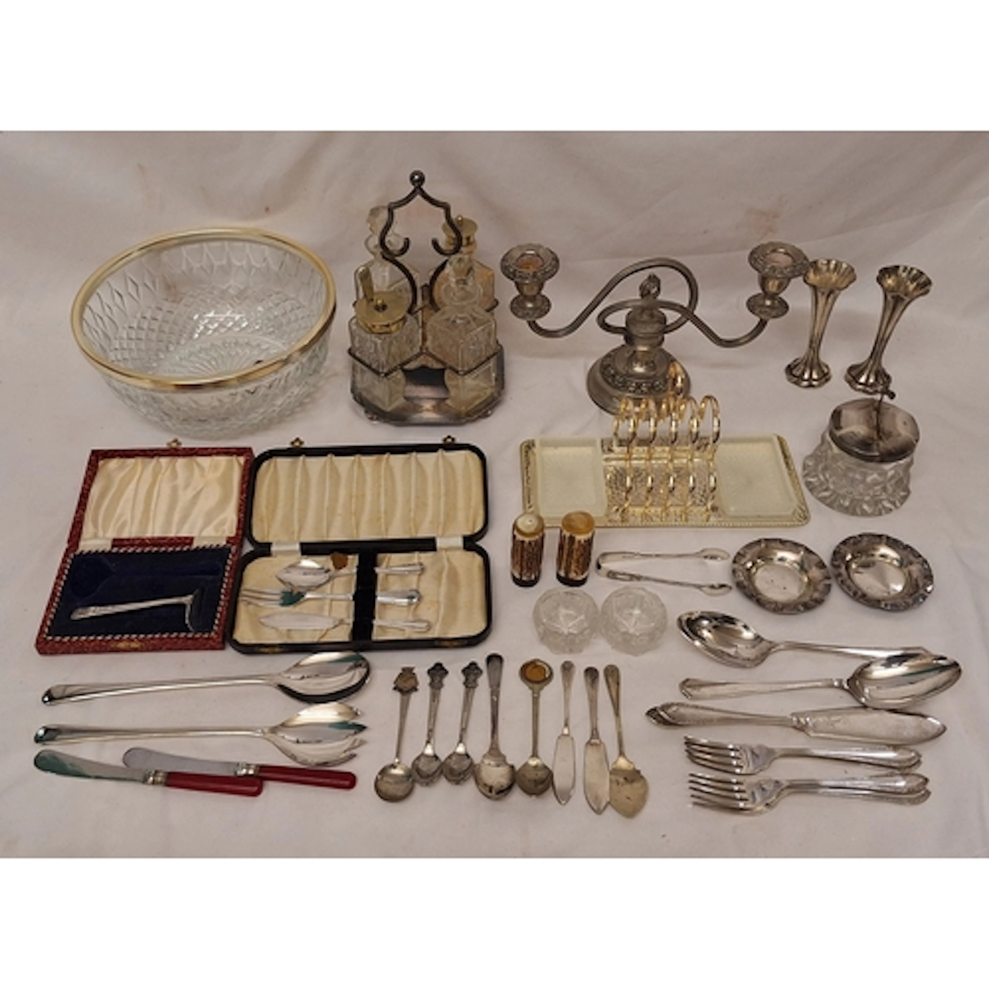 Vintage 4 Piece Cut Glass Cruet Set on silver plated stand, ...