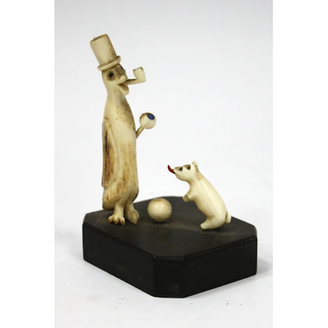 Novelty Bone Figure Group of Top Hatted Duck, Ball and Playf...