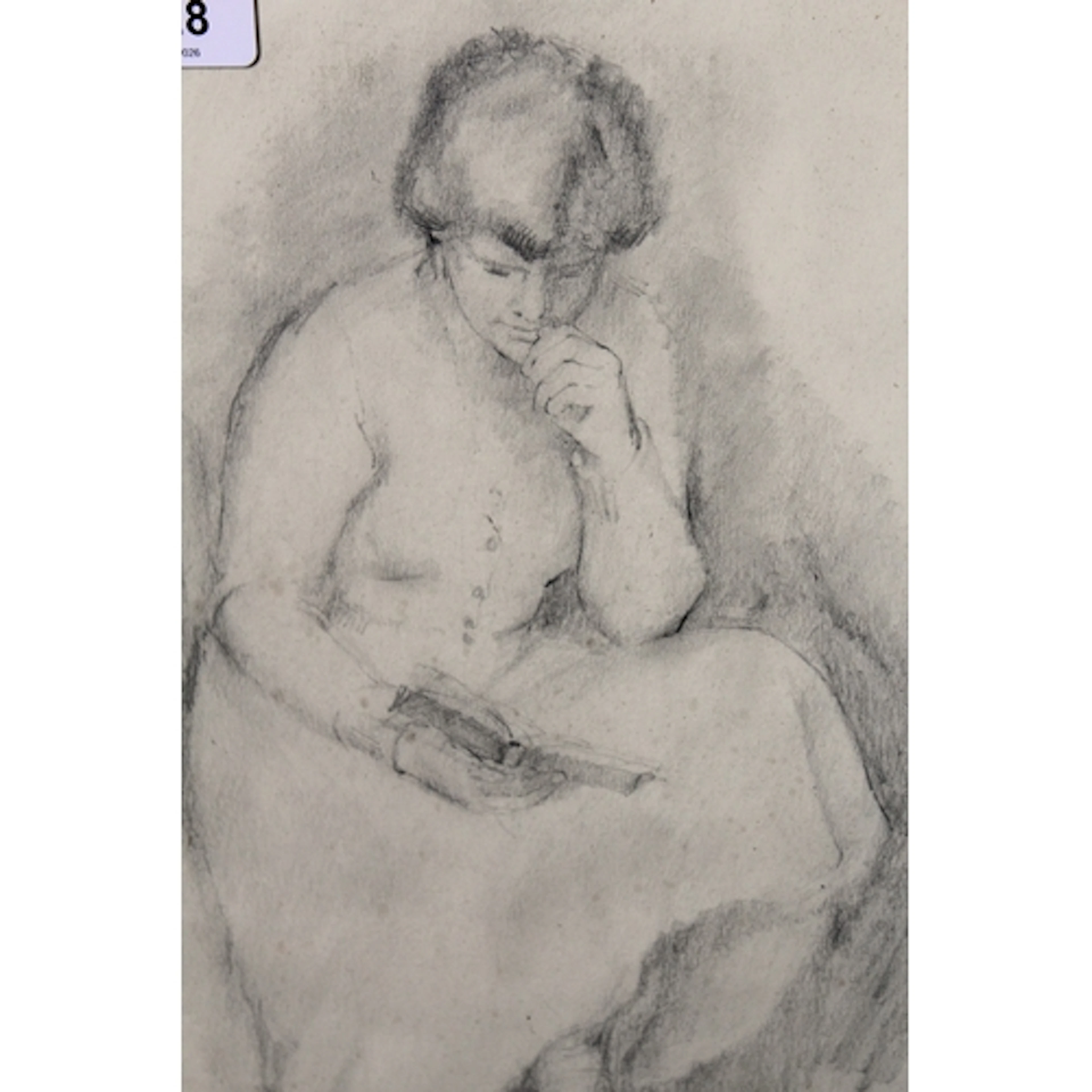 Framed pencil drawing, portrait of a seated lady reading a b...