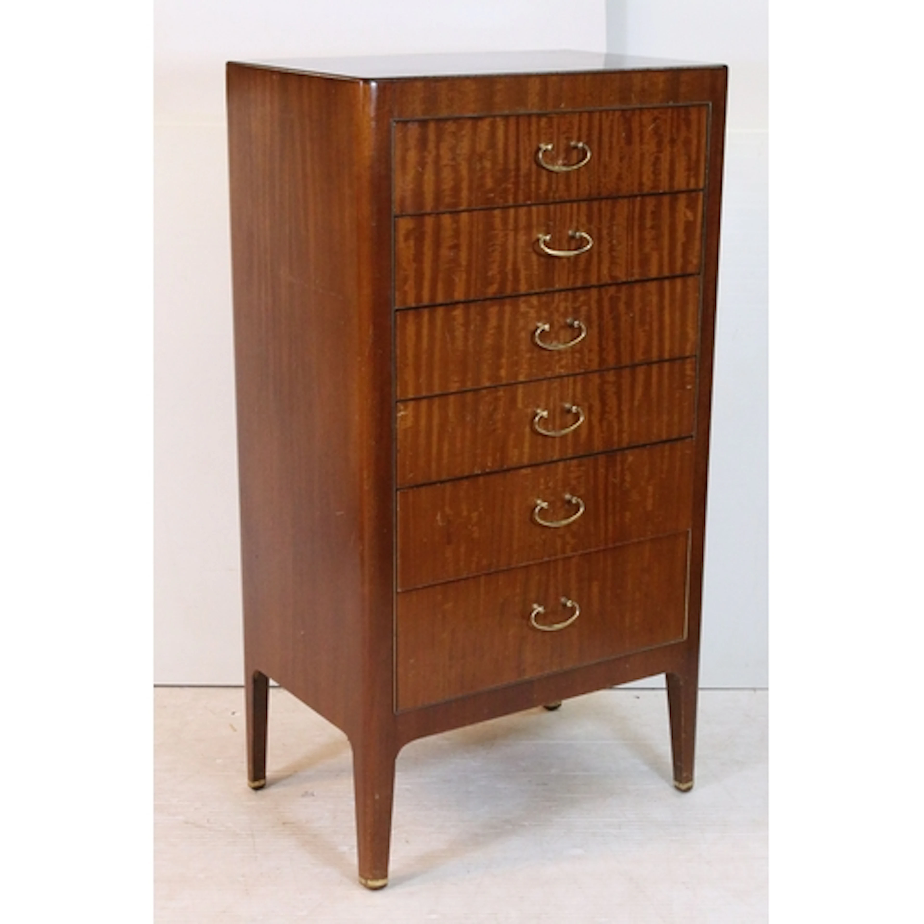 Mid century mahogany tallboy raised on tapering legs, 114cm ...