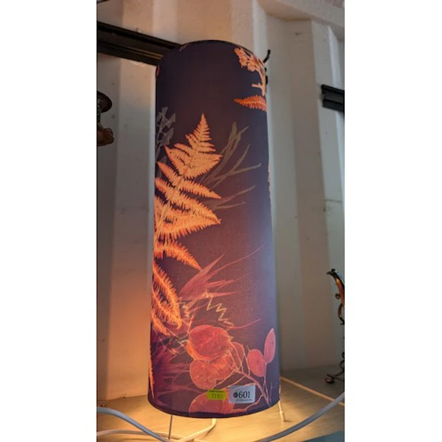 Cylindrical lamp with fern design to shade. H58cm.