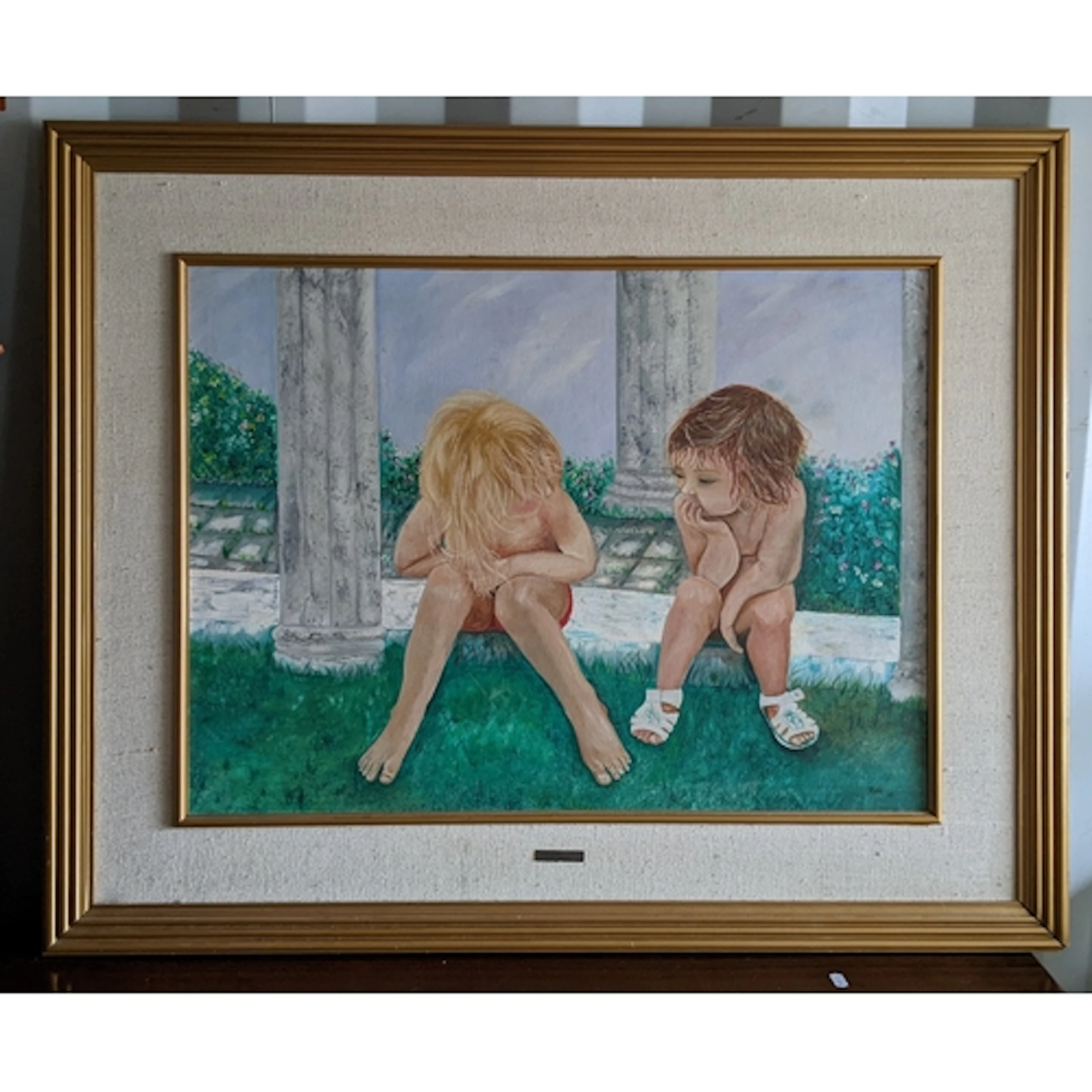 Nado (20th century) an oil on board depicting two children i...