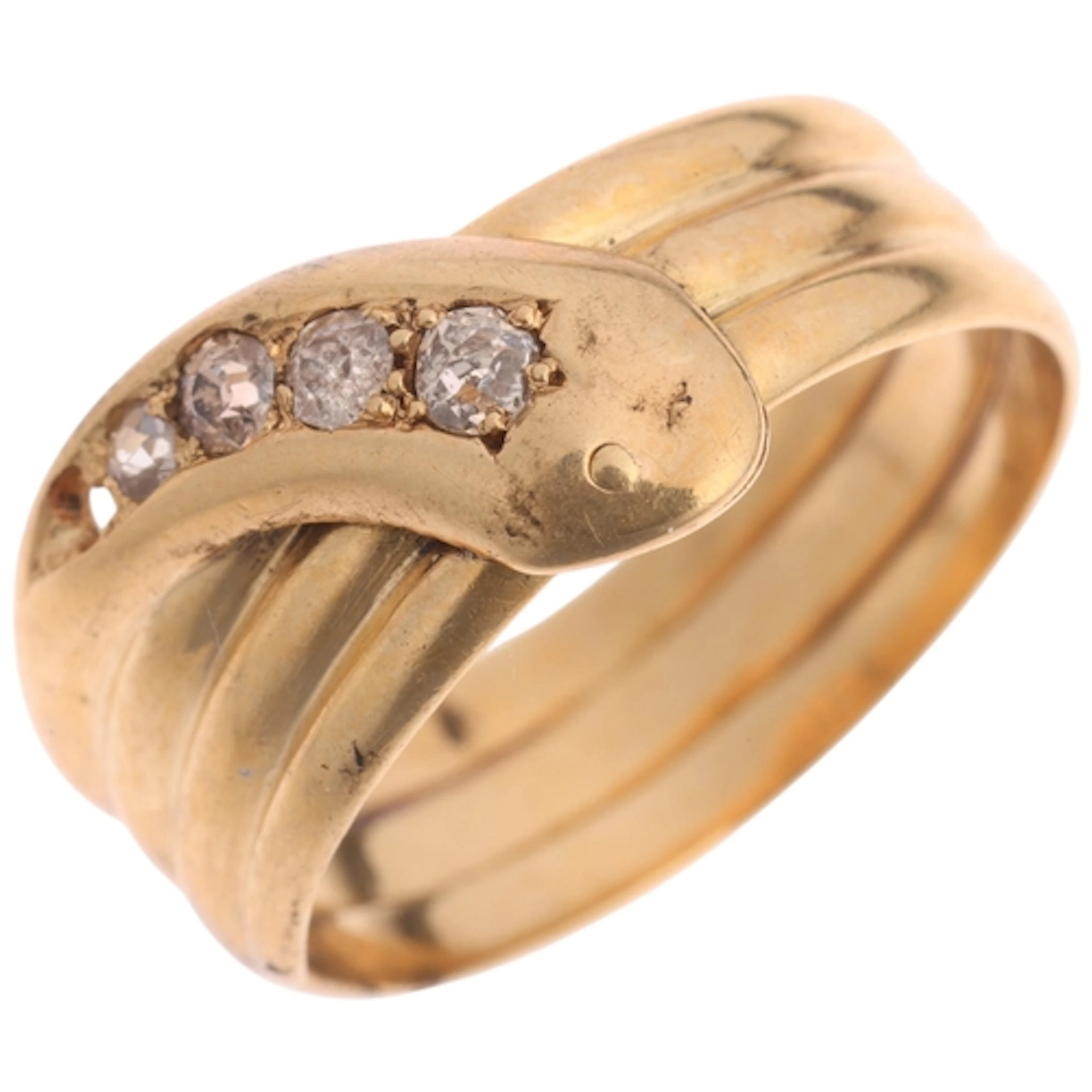 An Antique 18ct gold diamond snake ring, Birmingham 1912, mo...