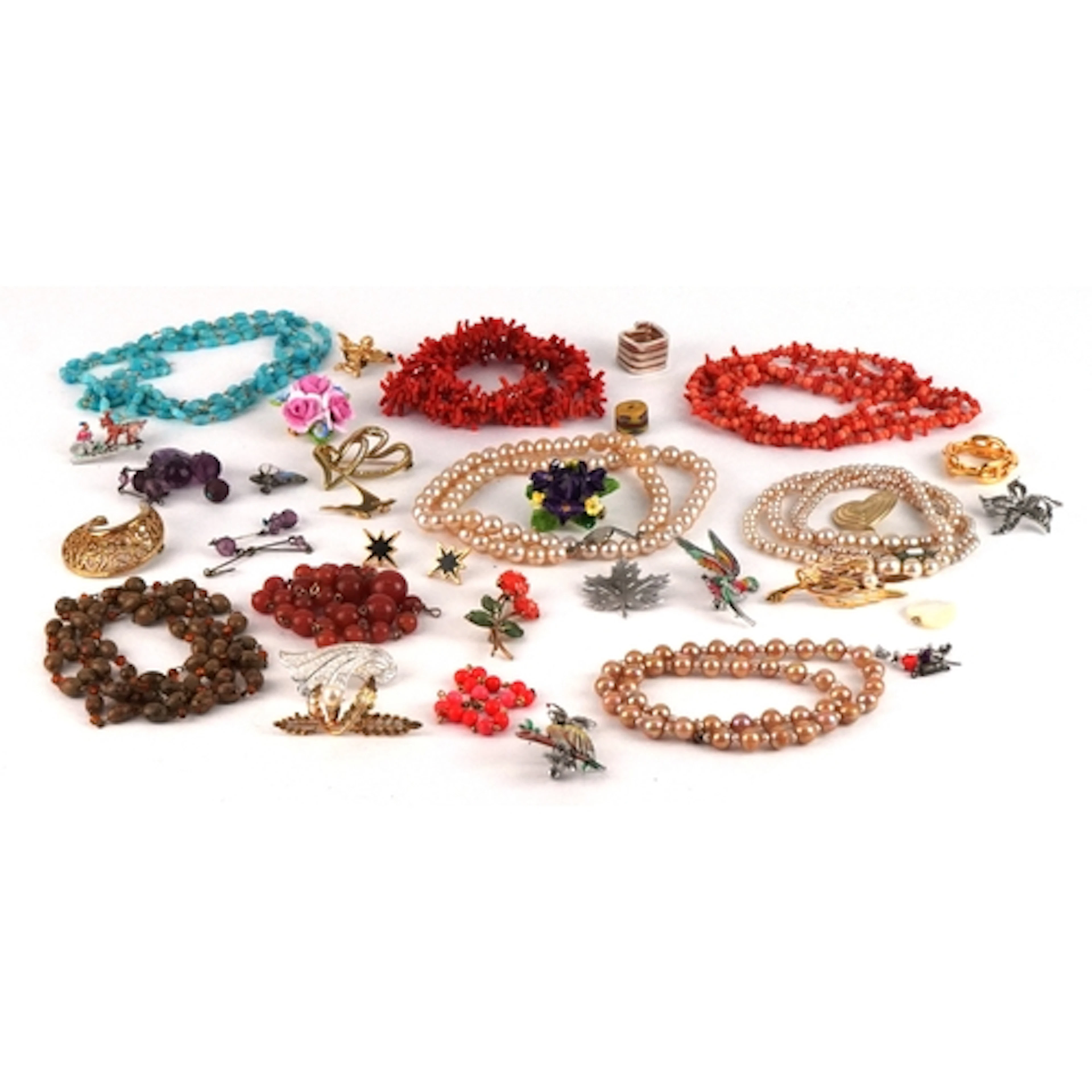 Vintage and later jewellery including natural pink coral nec...