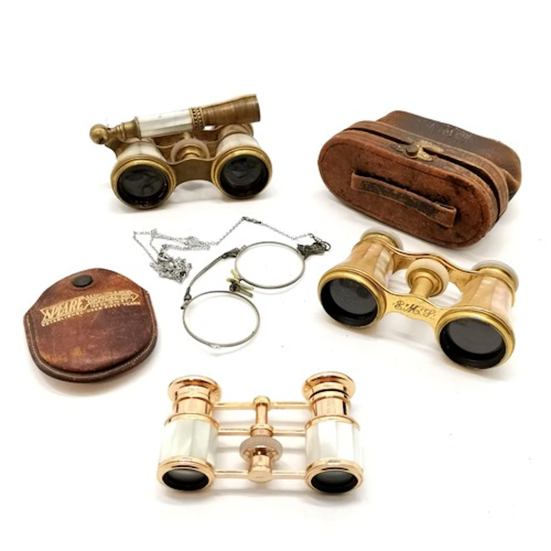 3 x Mother of pearl pairs of opera glasses the cased Paris a...