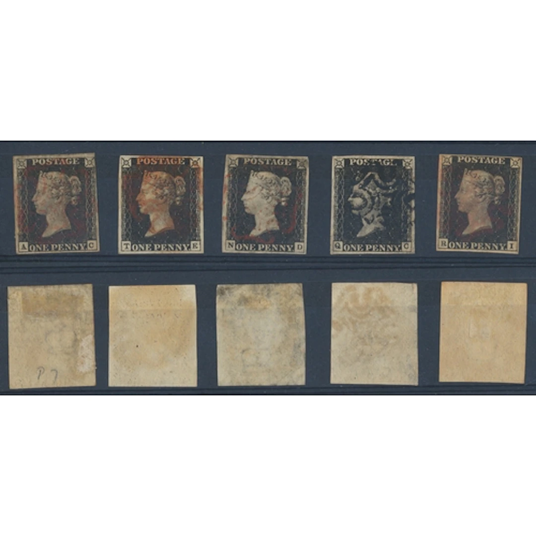Range of 5 1840 1d blacks incl pl.7, 'AC' with fair to large...