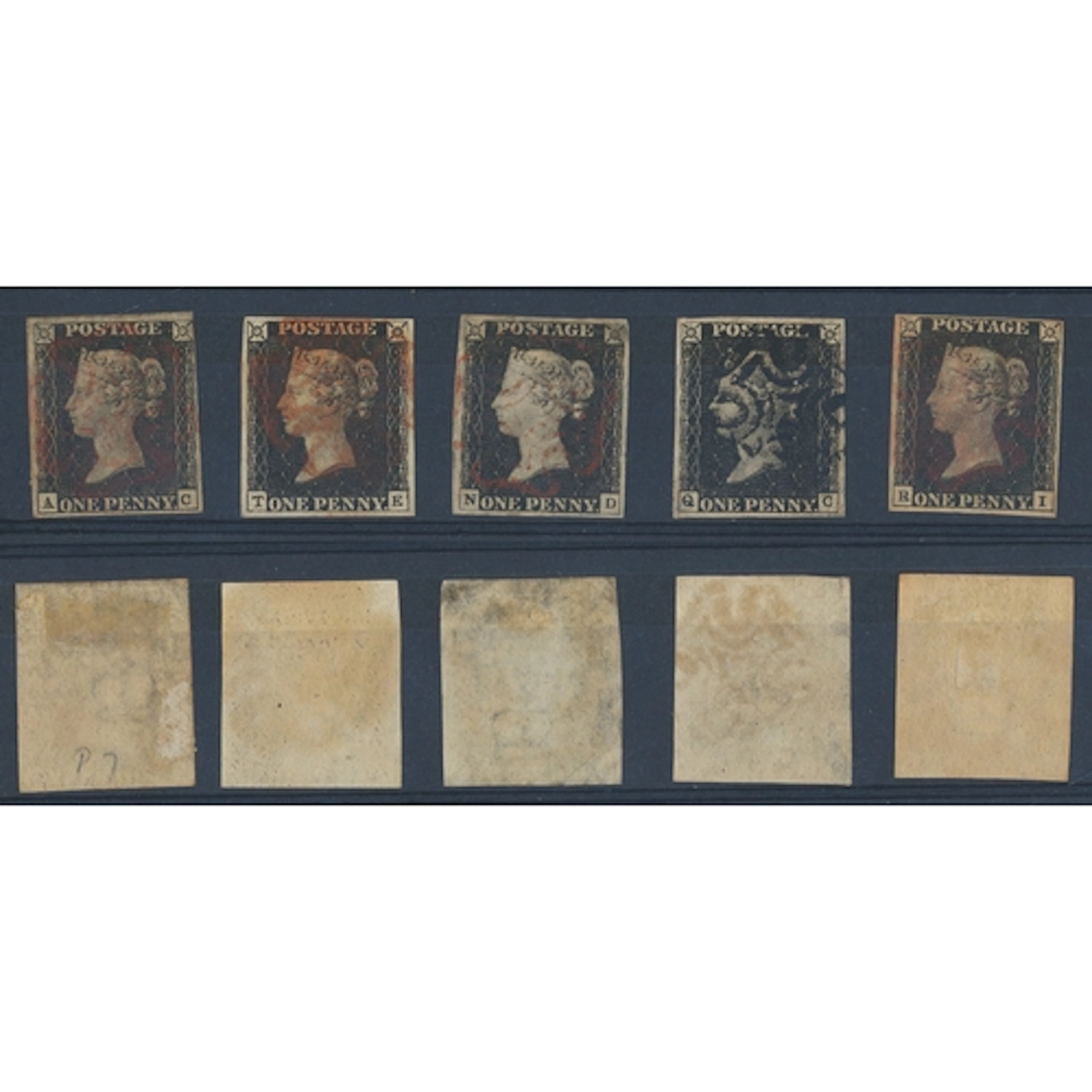 Range of 5 1840 1d blacks incl pl.7, 'AC' with fair to large...