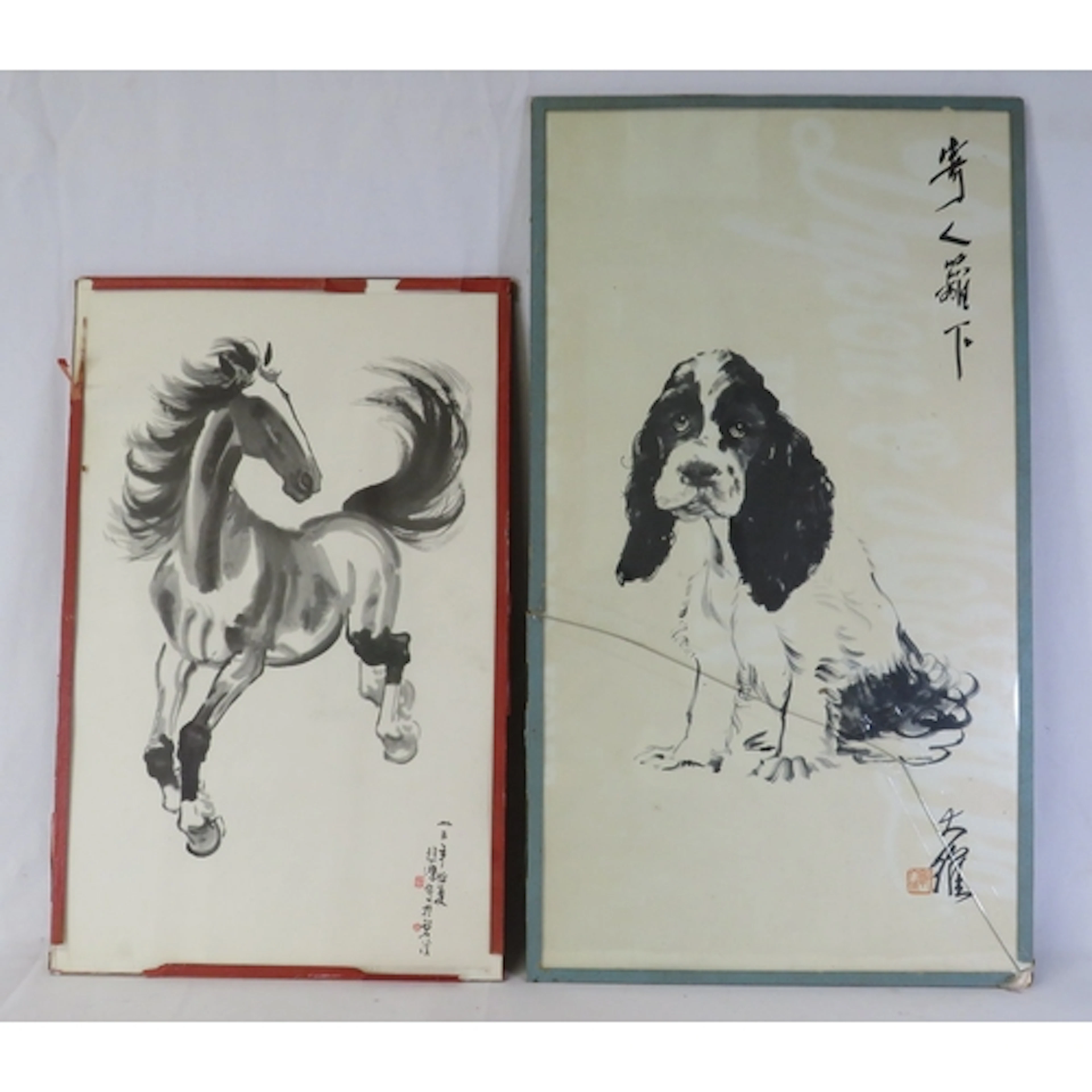 2 Glazed Chinese Prints, horse & dog, each with calligraphy,...
