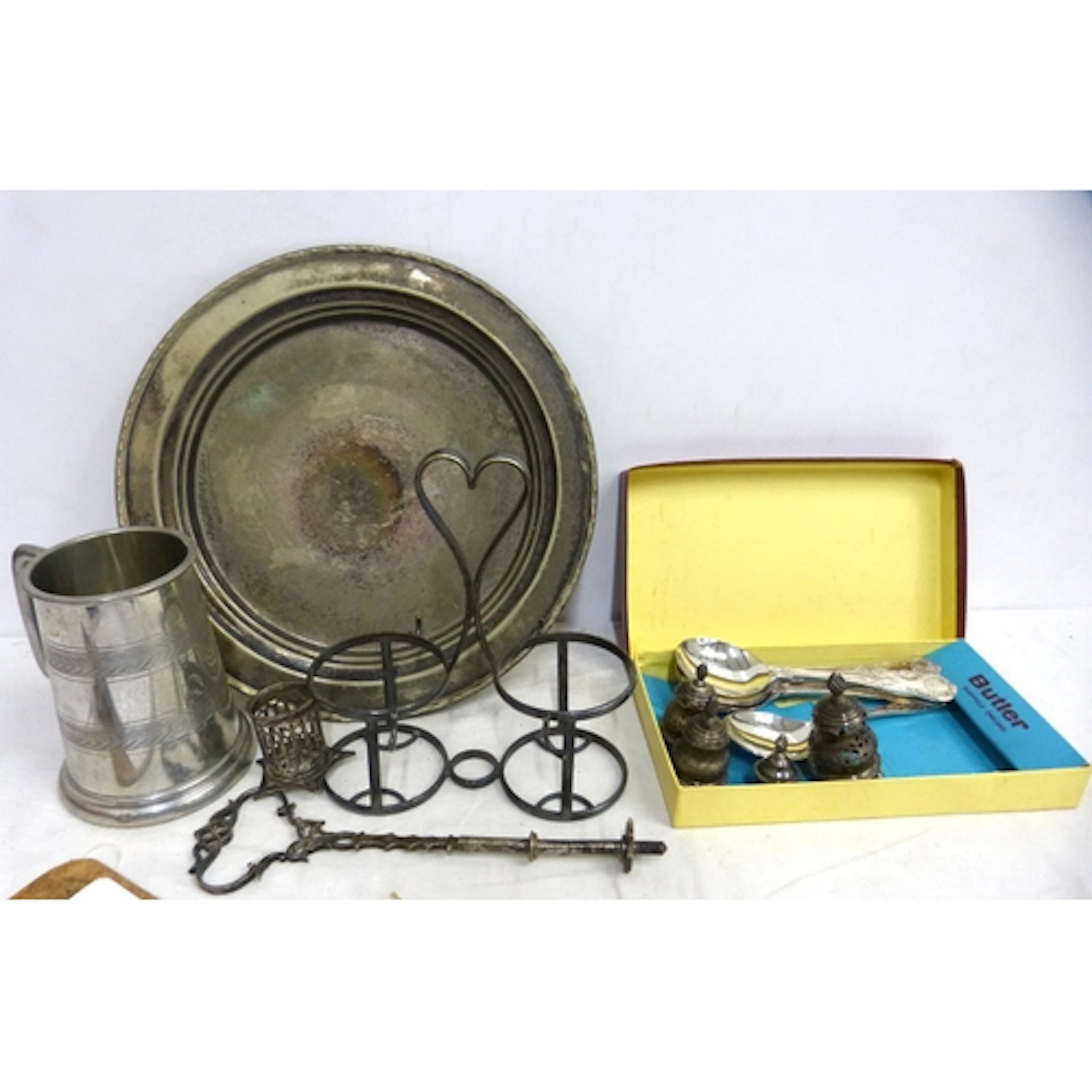Box of epns and pewter, also a vintage thermometer.