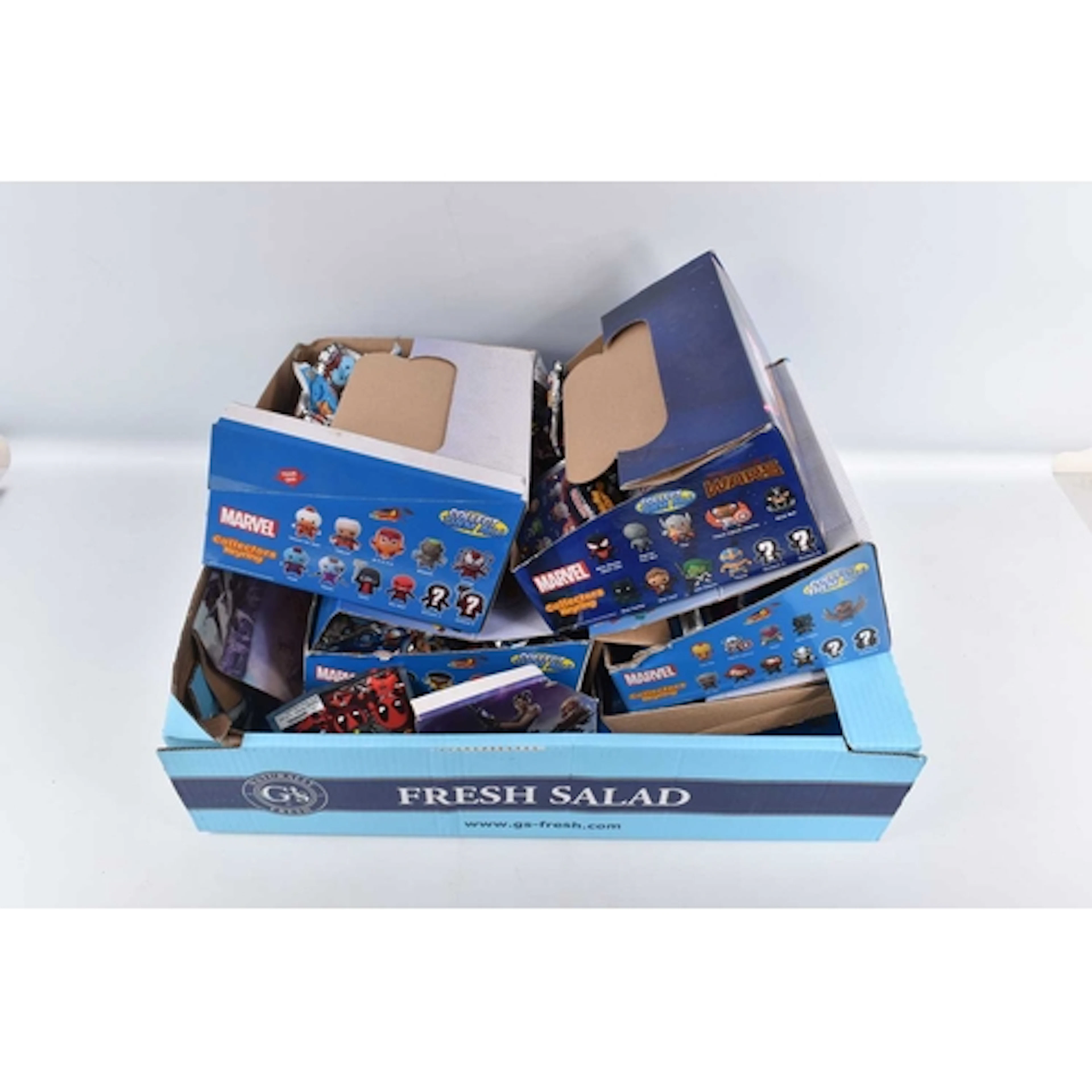 FOUR BOXES OF MARVEL COLLECTORS KEYRING MYSTERY packs, a box...