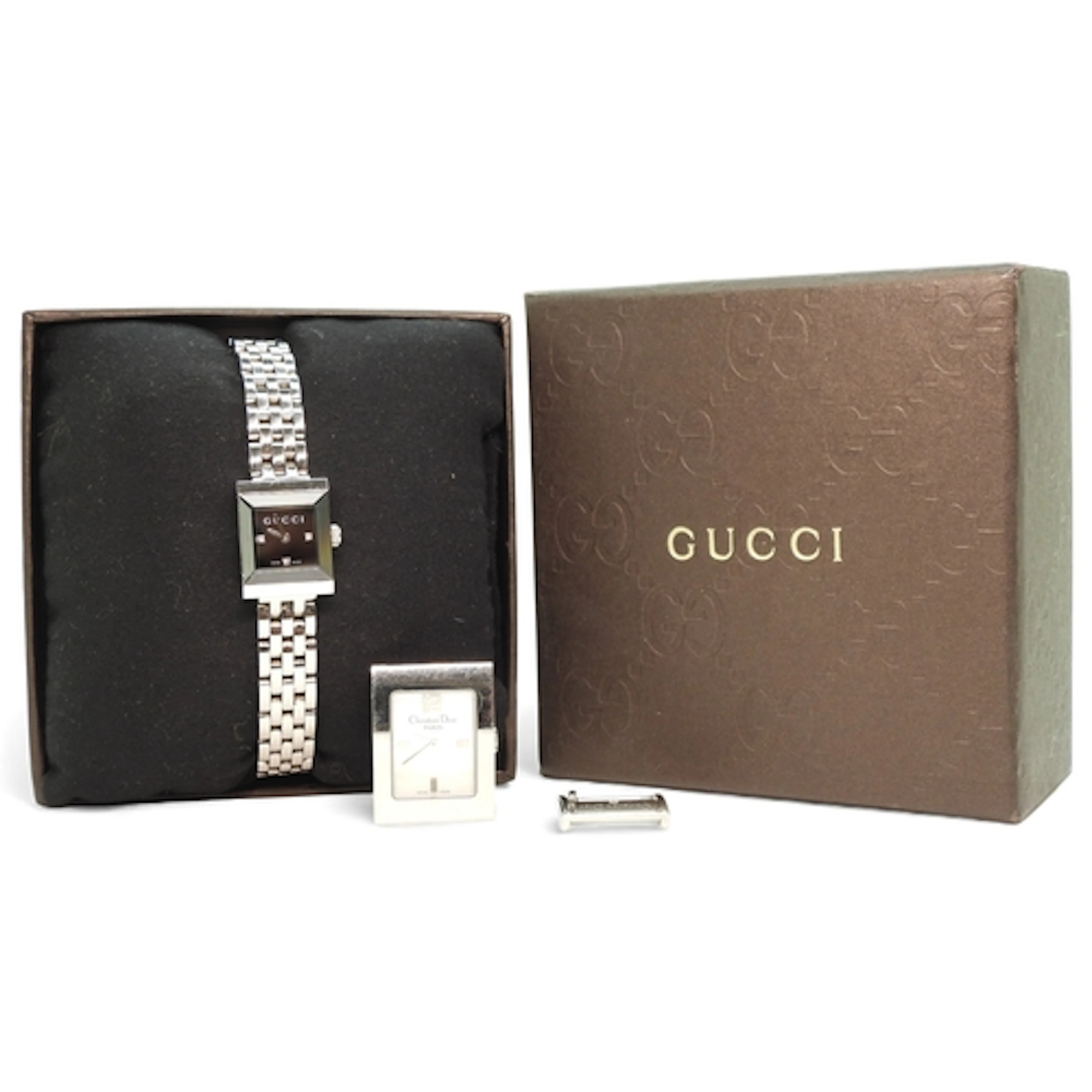 A ladies Gucci 128.5 watch, with black square dial and shiny...