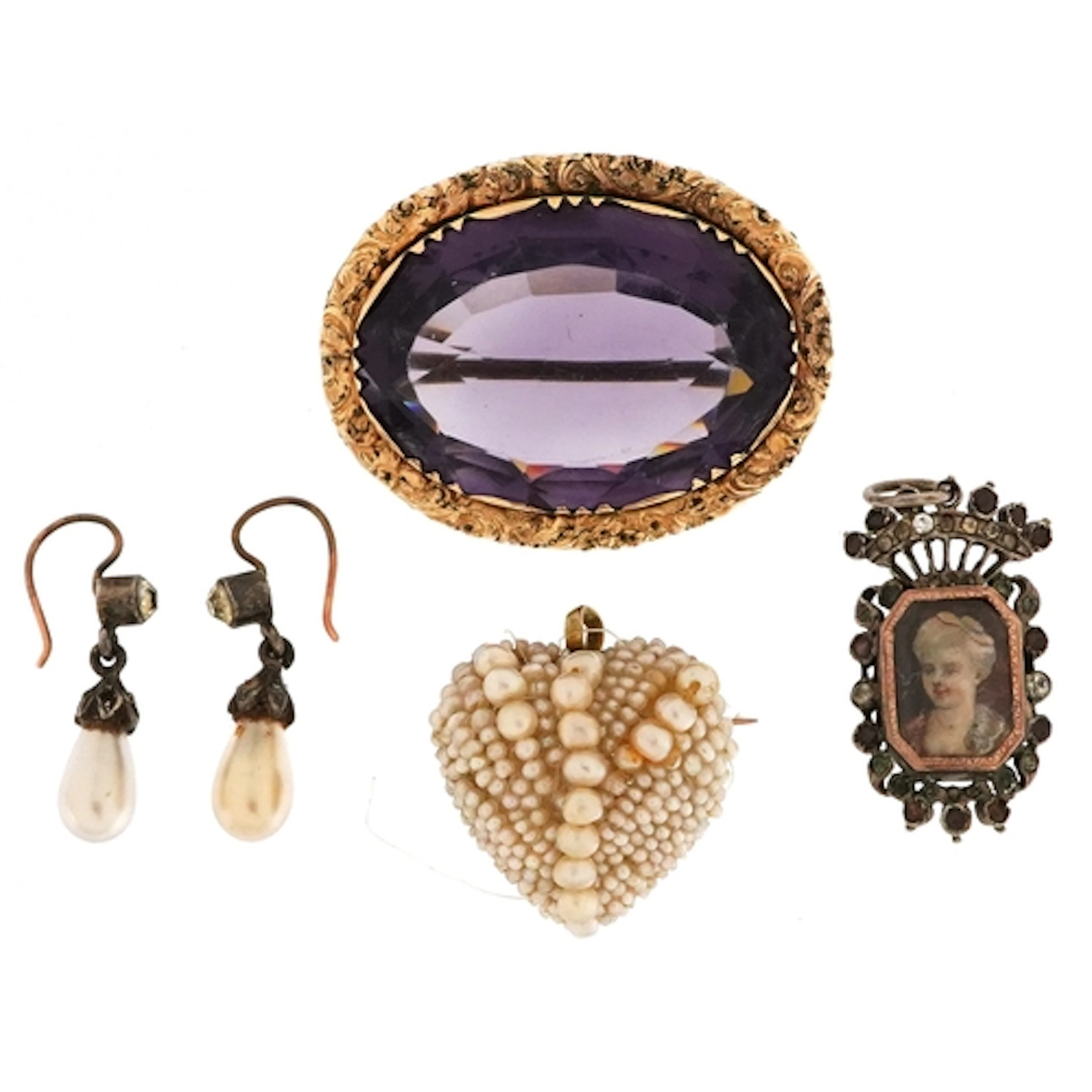 Antique jewellery including a cultured pearl brooch pendant,...