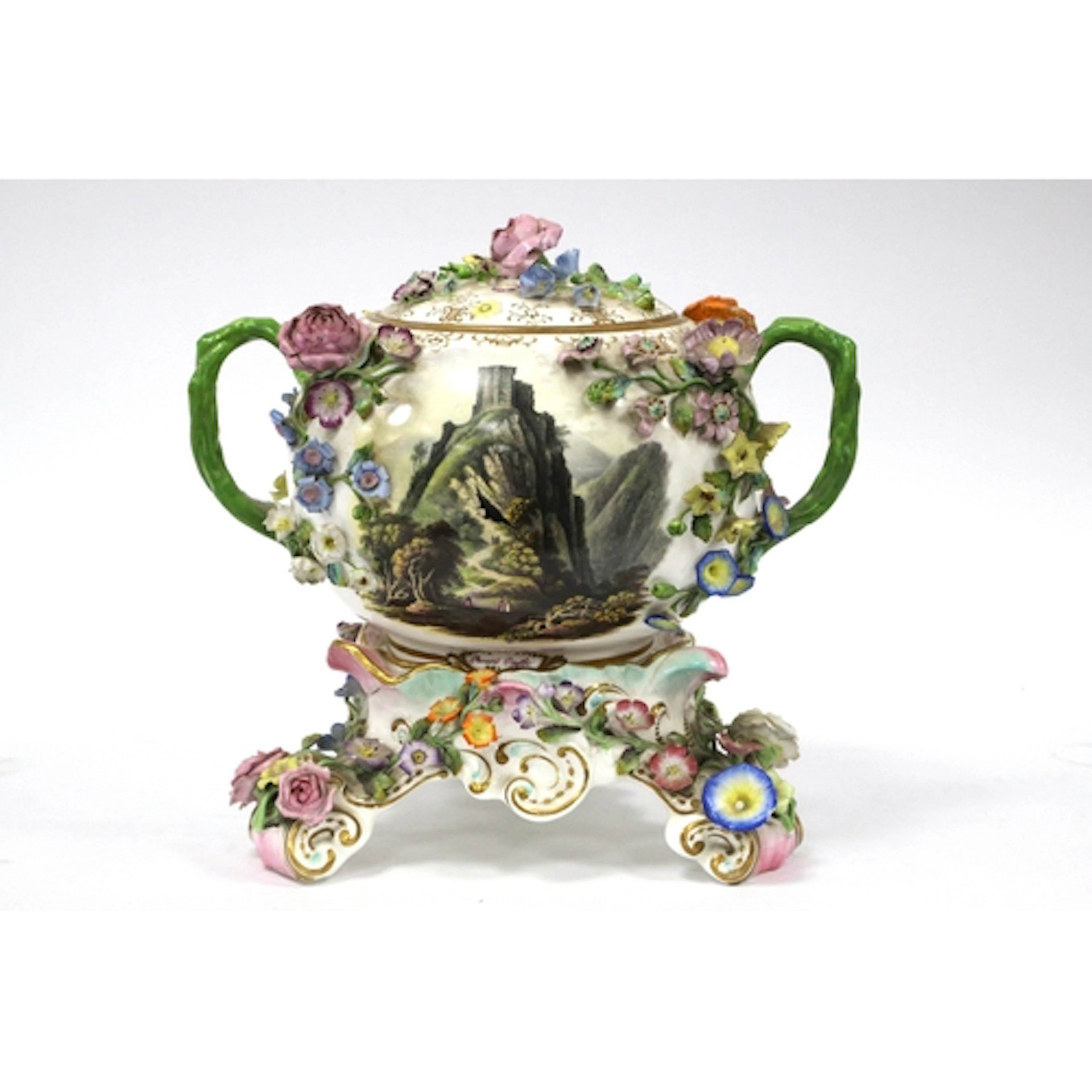 An English Porcelain Bowl, Cover and Stand, of two handled g...