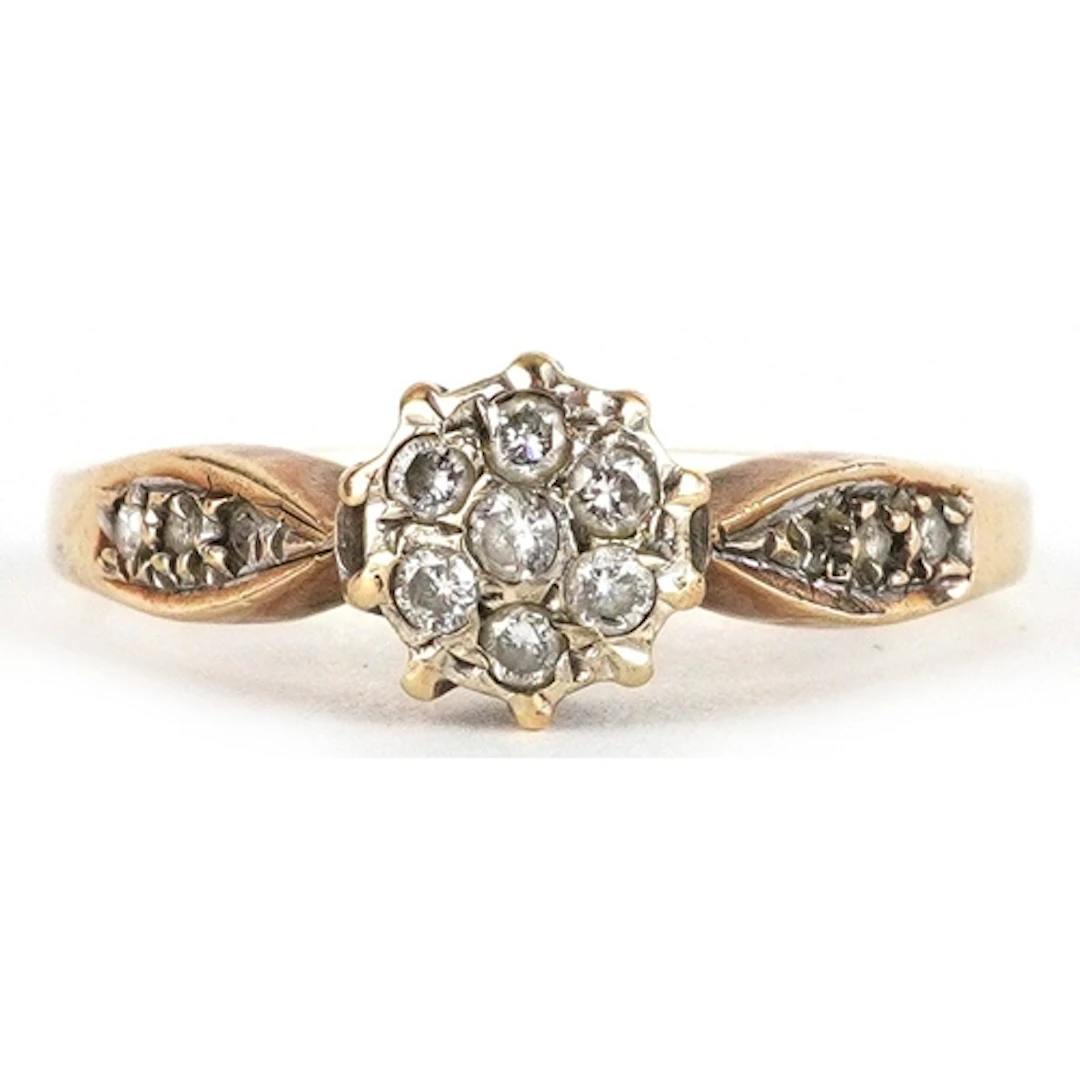 9ct gold diamond cluster ring with diamond set shoulders, th...