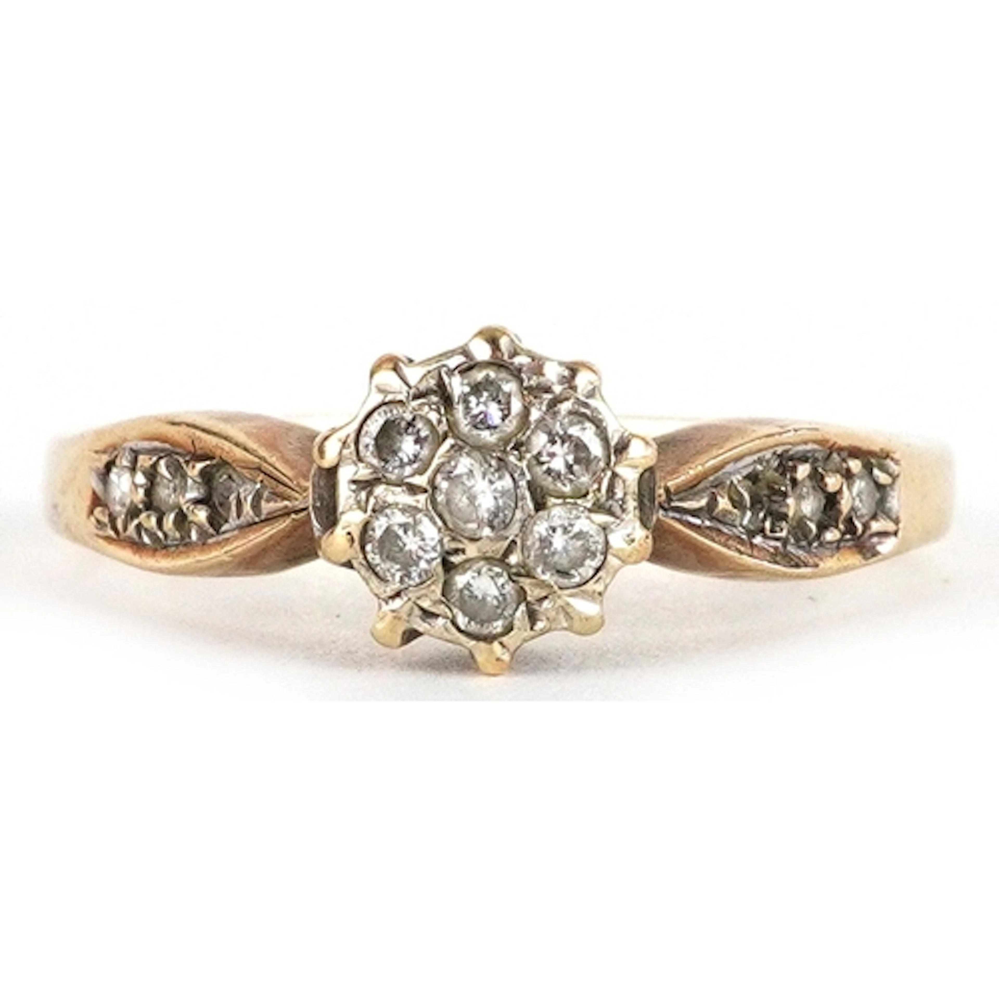 9ct gold diamond cluster ring with diamond set shoulders, th...