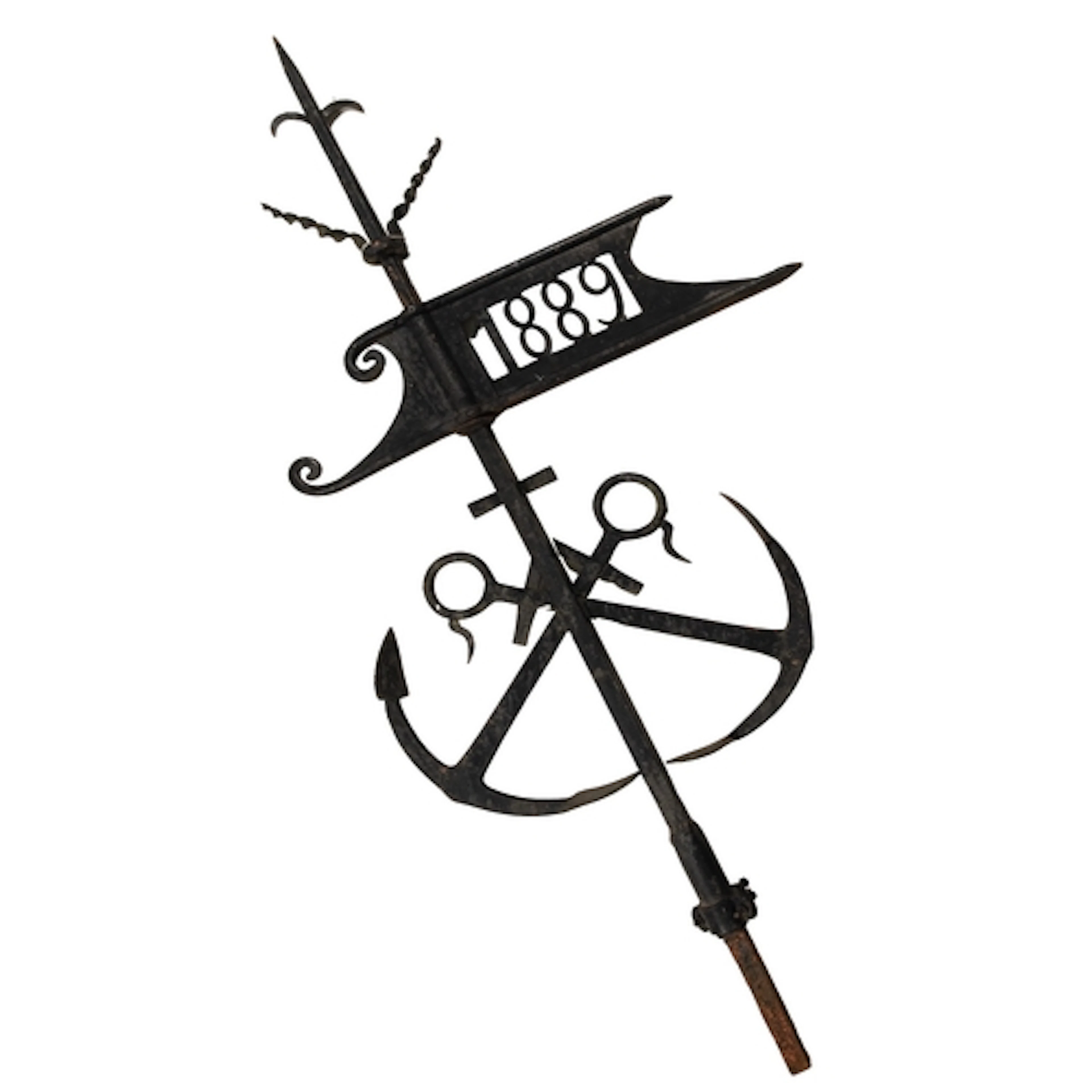 A Victorian wrought iron weathervane, dated 1889; the spike ...