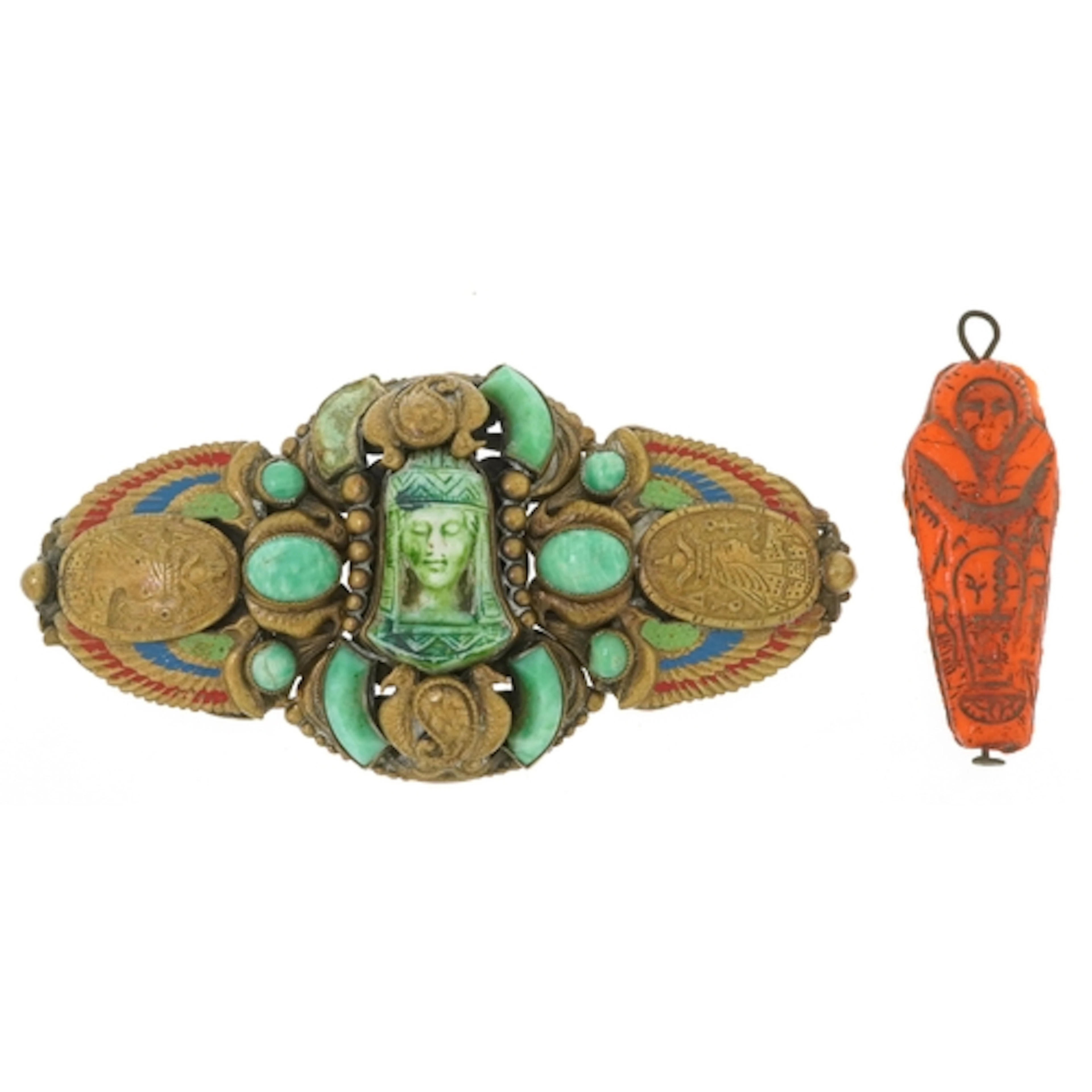 An Egyptian Revival enamelled brass three piece buckle set w...