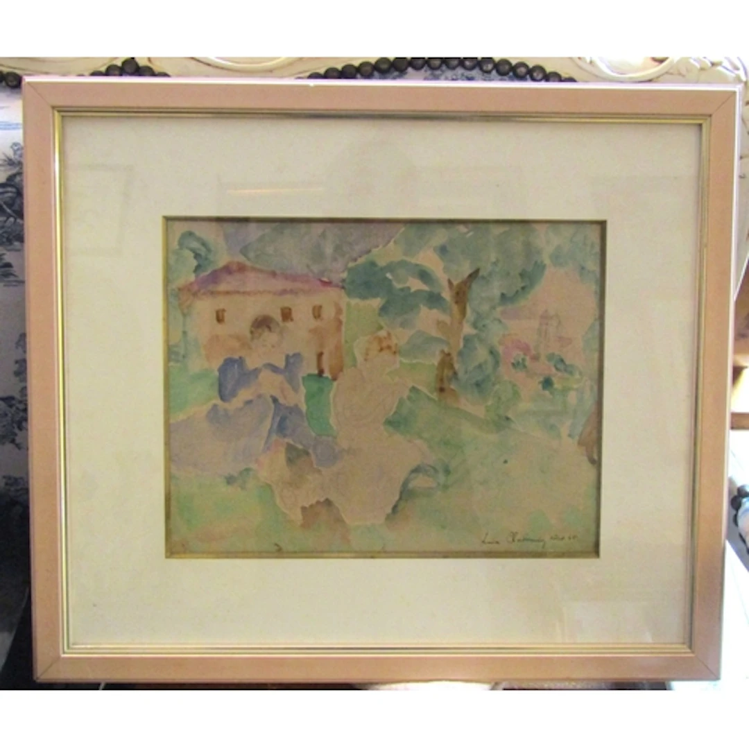 Antique French School Watercolour Sisters with House Beyond ...