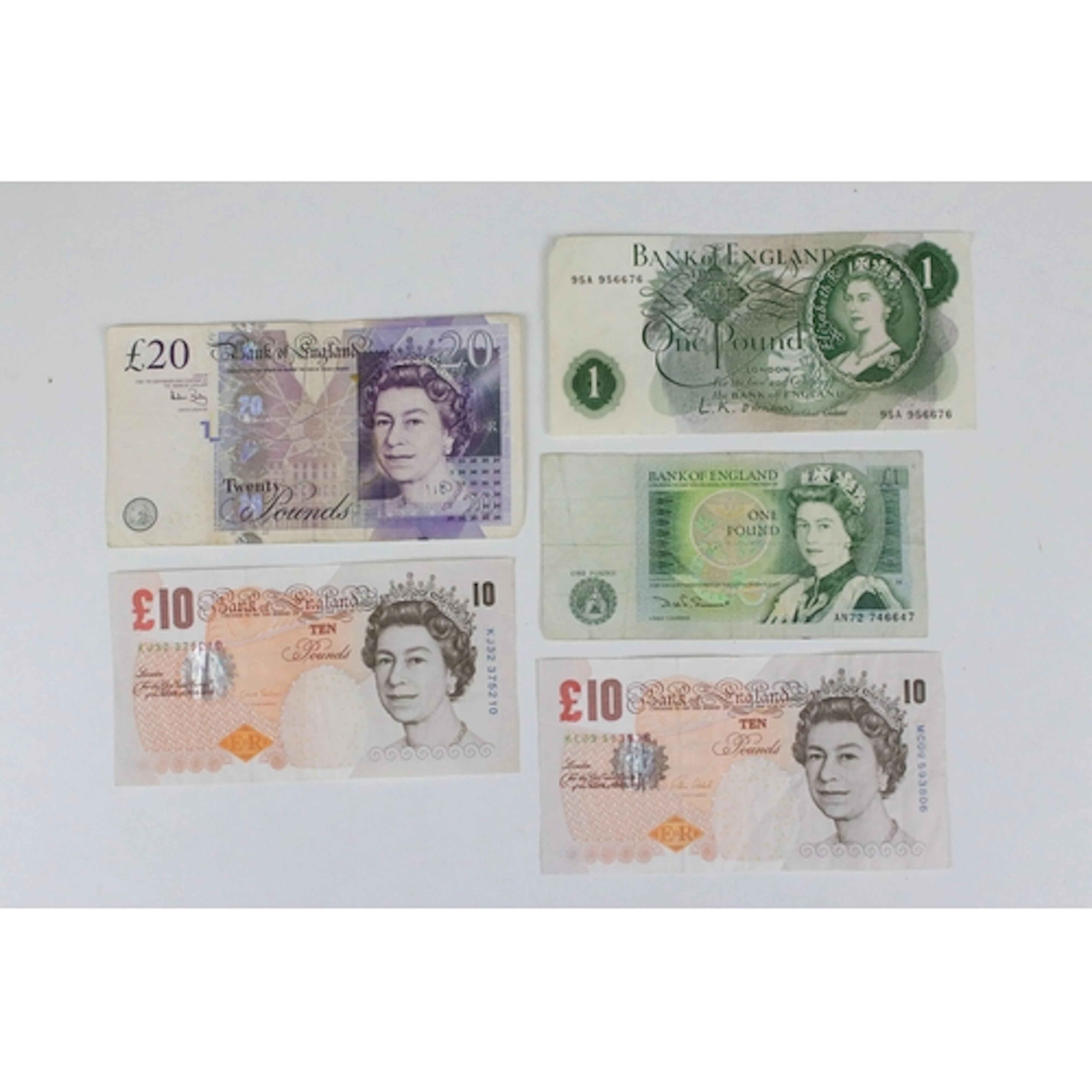 A small group of five Bank of England banknotes, denominatio...