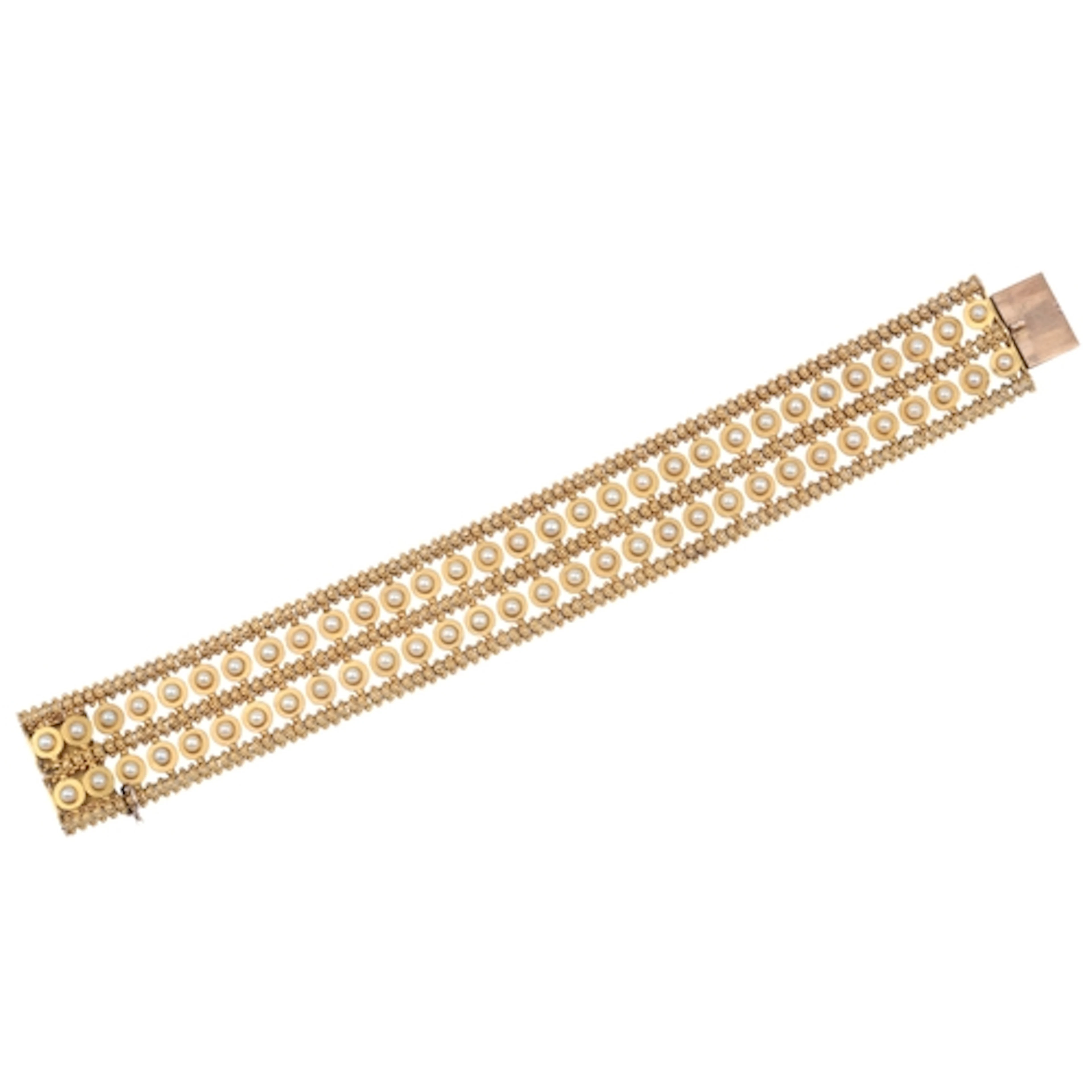 A Victorian gold and pearl bracelet, late 19th century, comp...