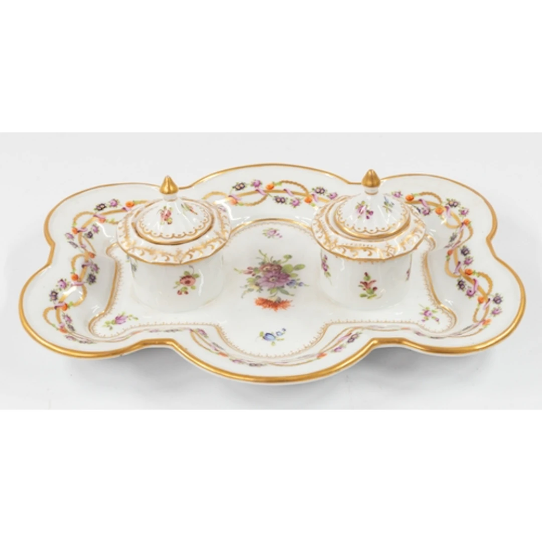 Ceramics: A German porcelain inkstand or desk set, late 19th...