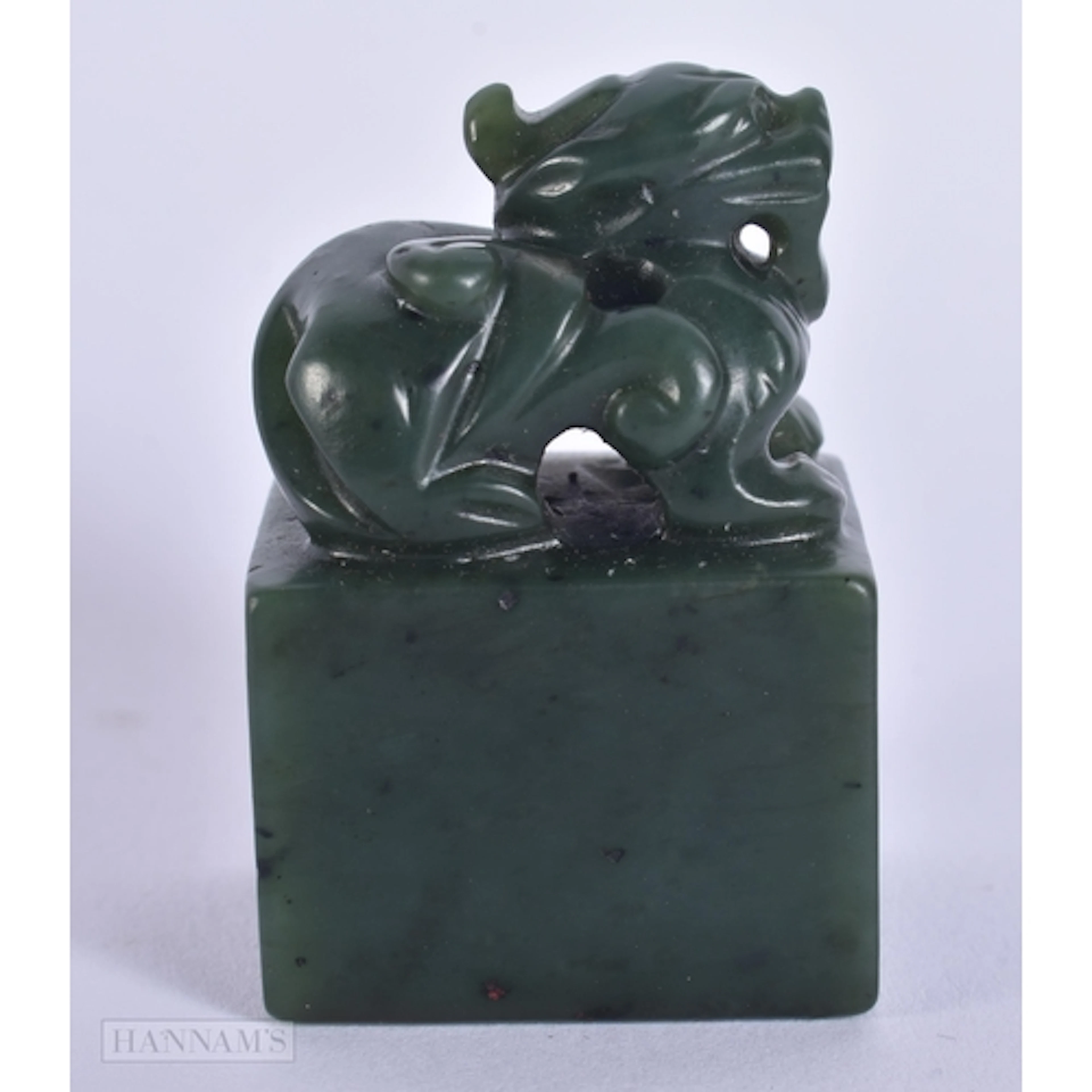 A CHINESE QING DYNASTY CARVED SPINACH JADE BEAST SEAL. 5.75 ...