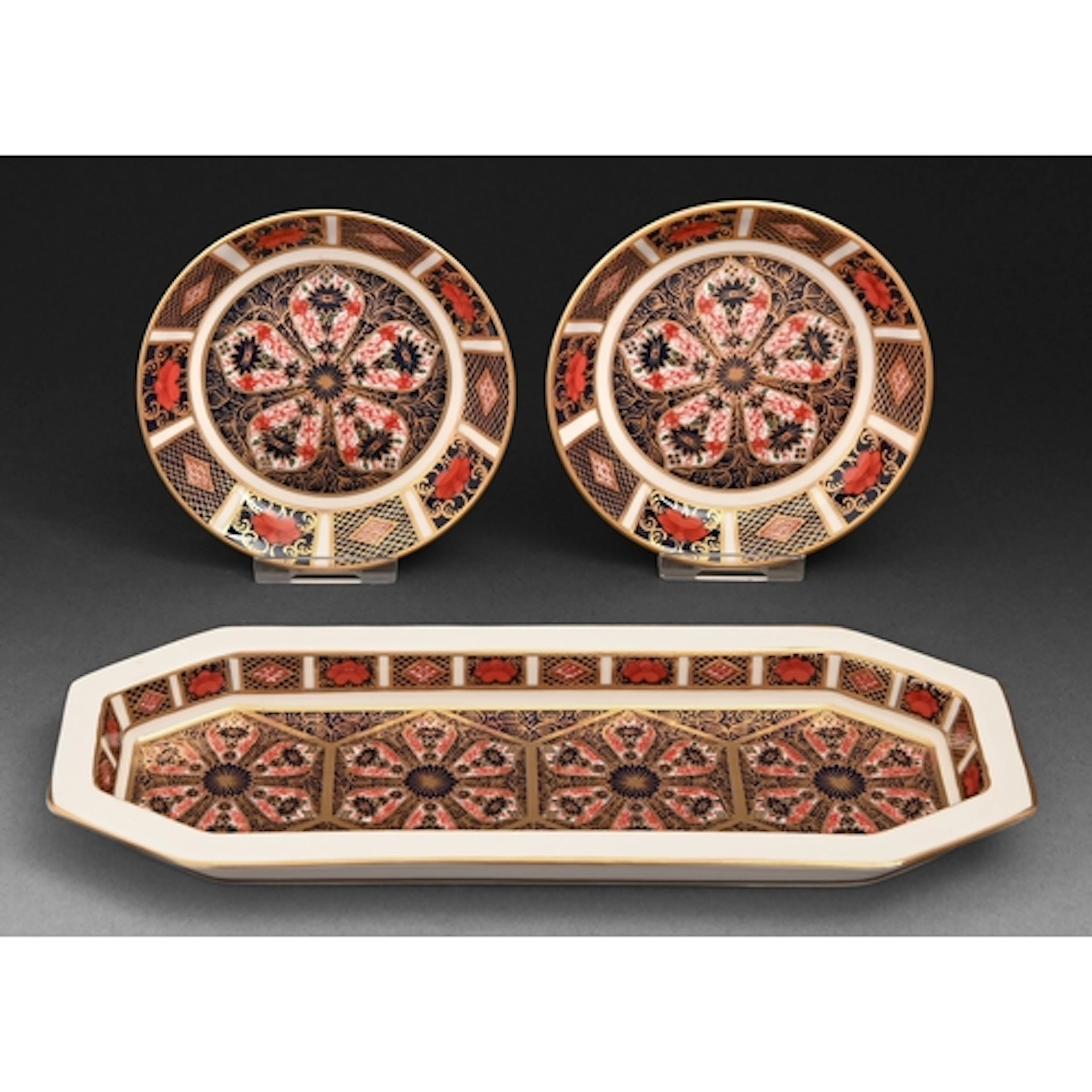 A Royal Crown Derby Imari pattern octagonal dish and two pin...