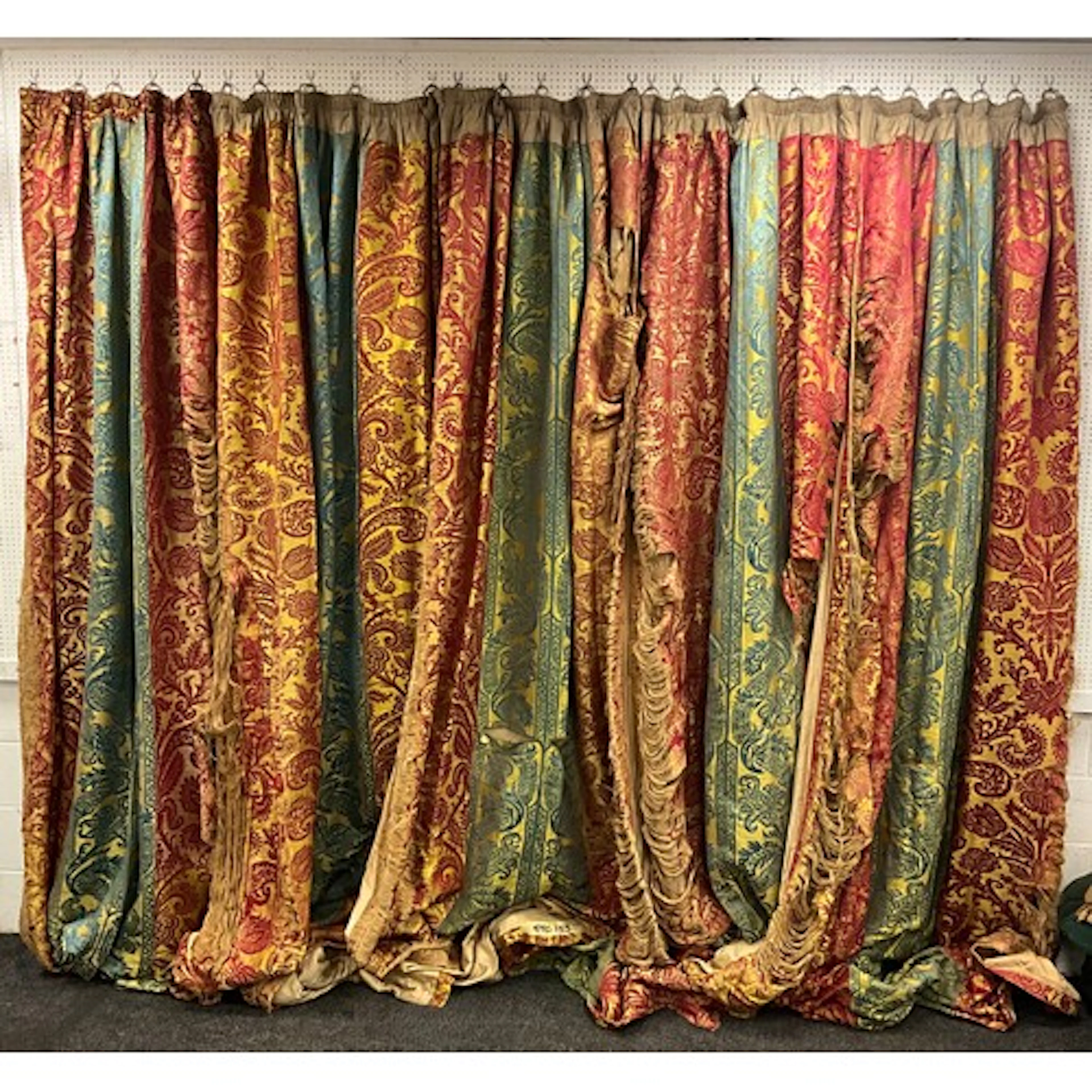 A suite of damask curtains, six full length curtains in blue...