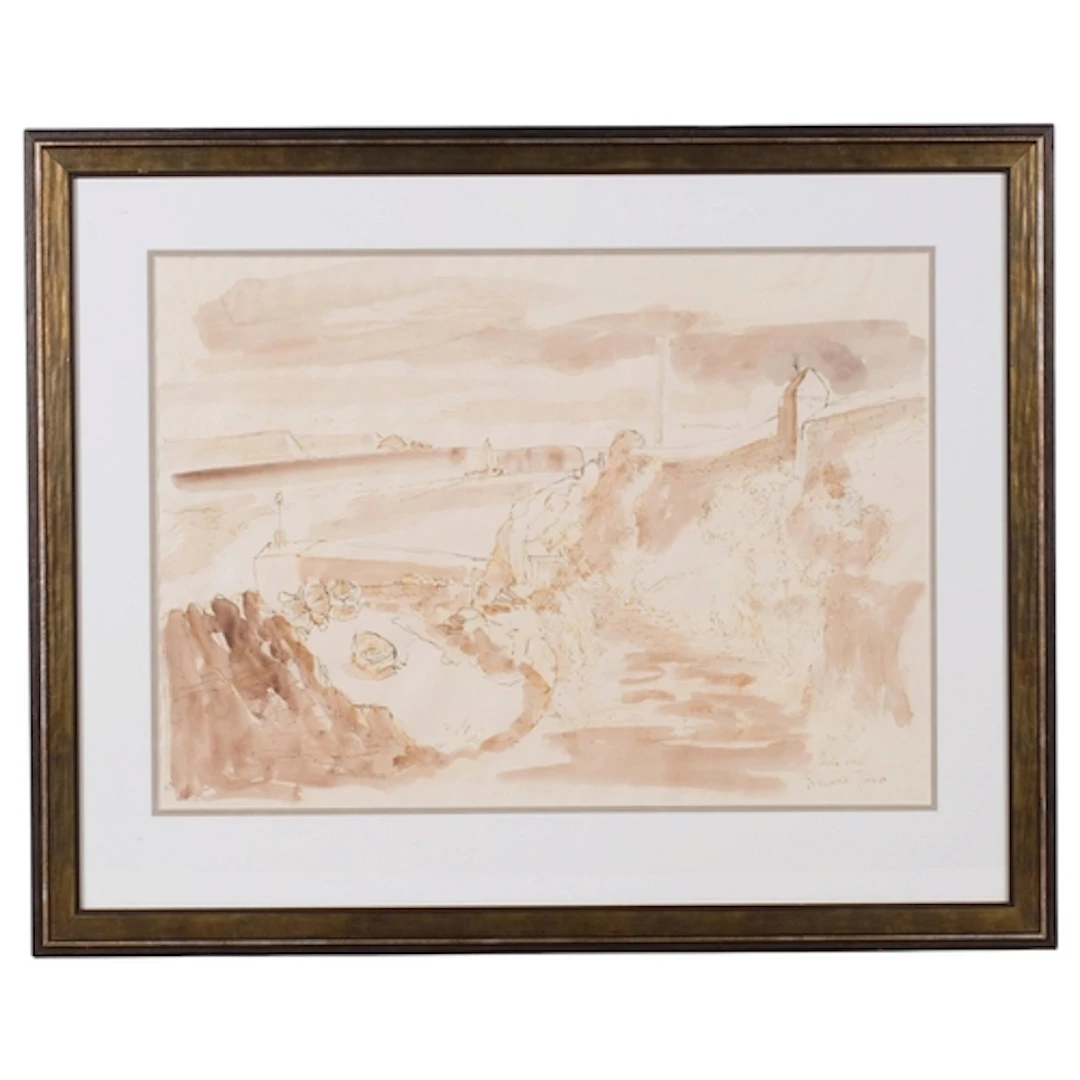 Porthscatho harbour scene, sepia ink and wash, indistinctly ...