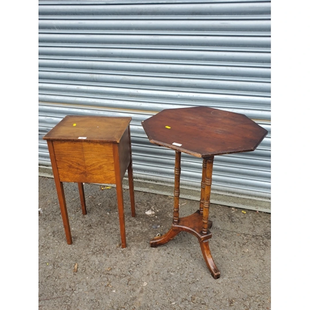 An octagonal Occasional Table and a walnut Sewing Table