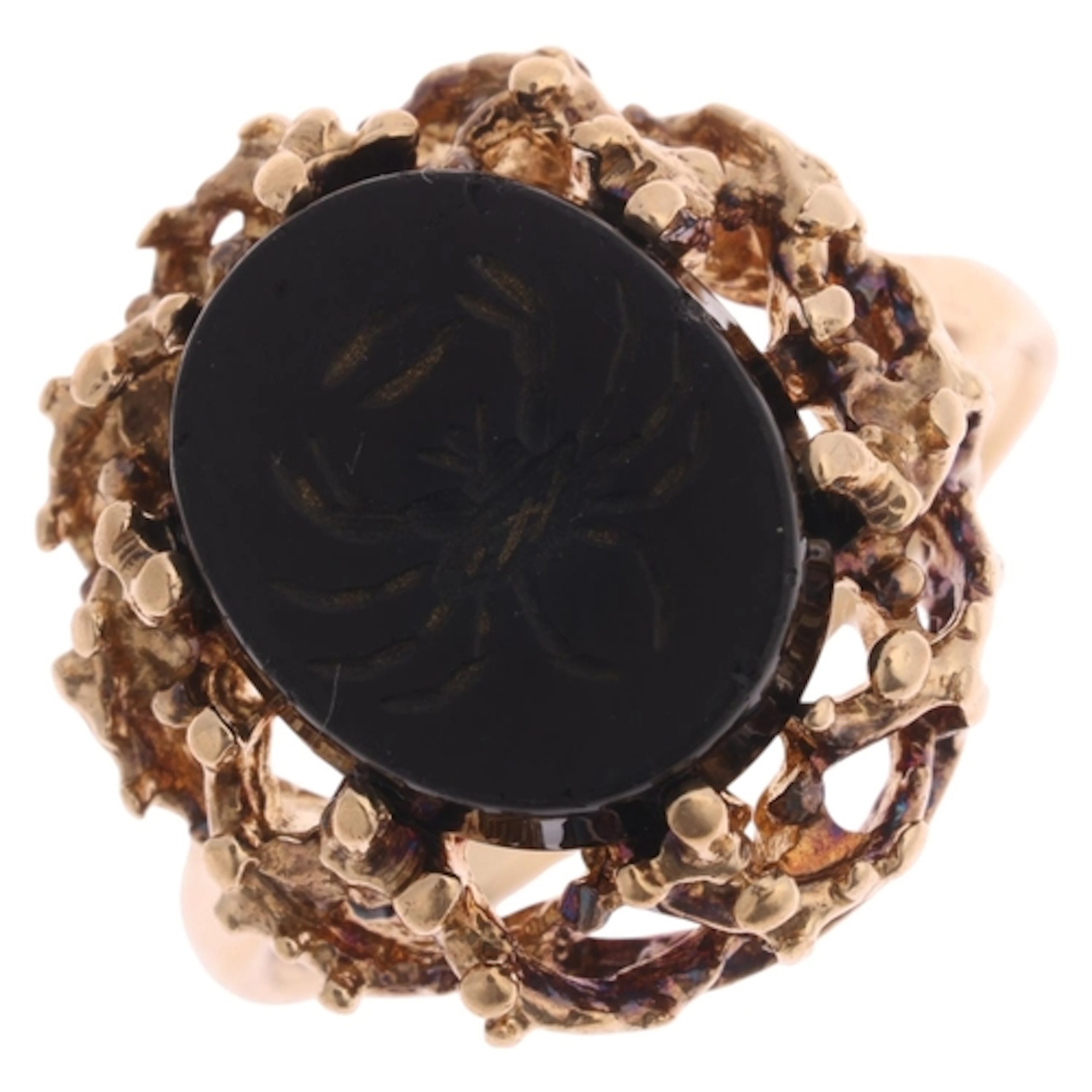 A Vintage 9ct gold onyx 'Crab' seal ring, maker QK Ltd, Lond...